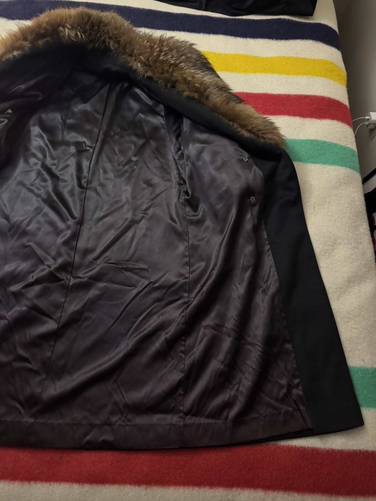 Vintage Gemini Black Full Length Wool Coat Jacket Finncoon Raccoon Fur Collar XL