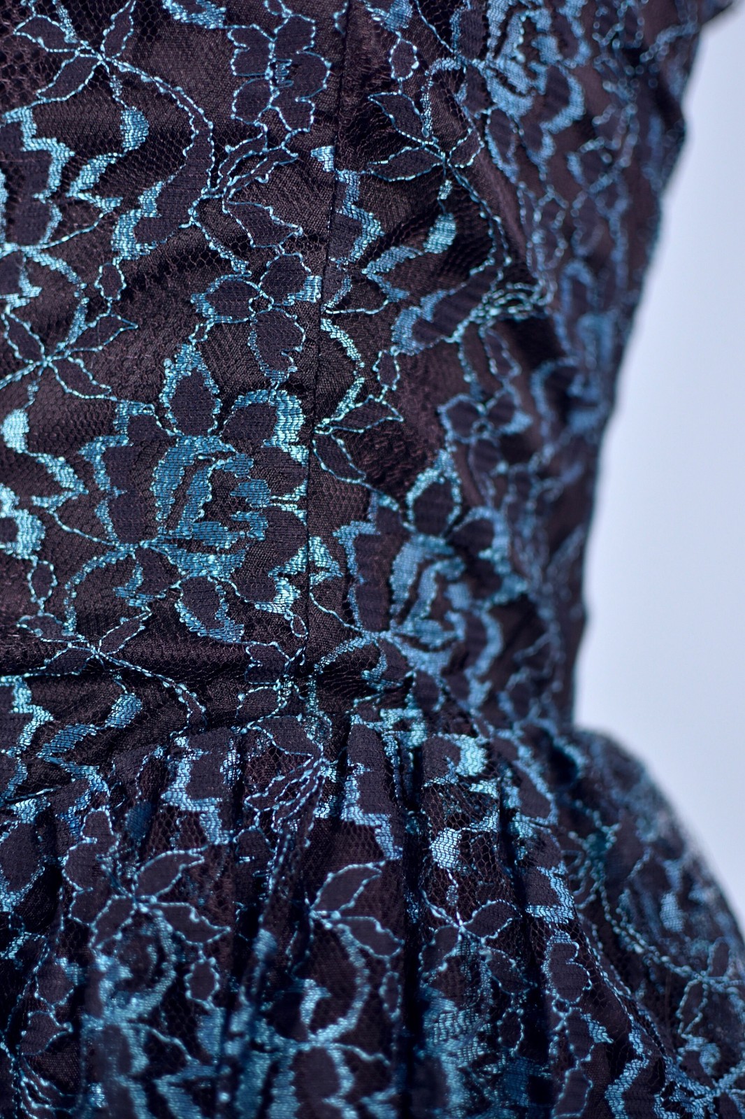 Oldstock Vintage Black and Blue Metallic Lace Sweetheart Gown