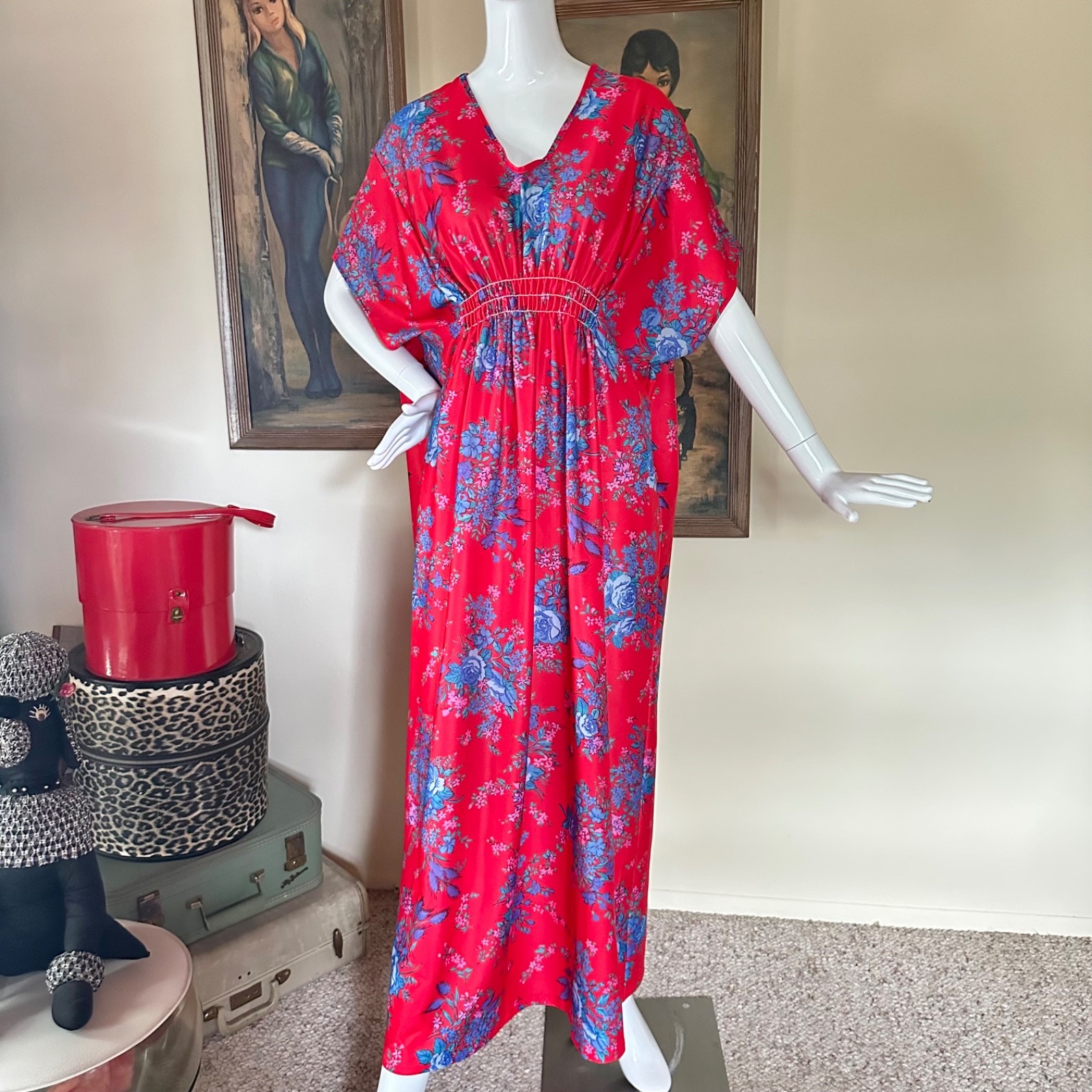 Vintage 1970s Mrs Roper Caftan Goddess Dress Red & Blue Hawaiian Floral M/L