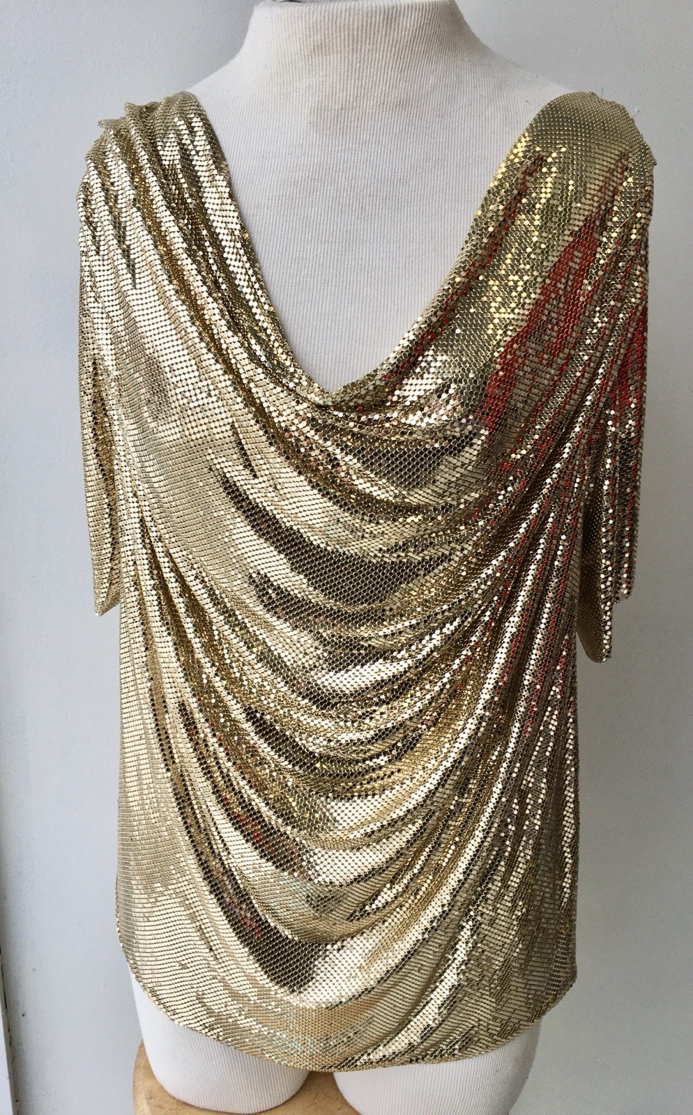 Whiting Davis Vintage Liquid Gold Mesh Chain Mail Draped Front Top 70s Disco S/M