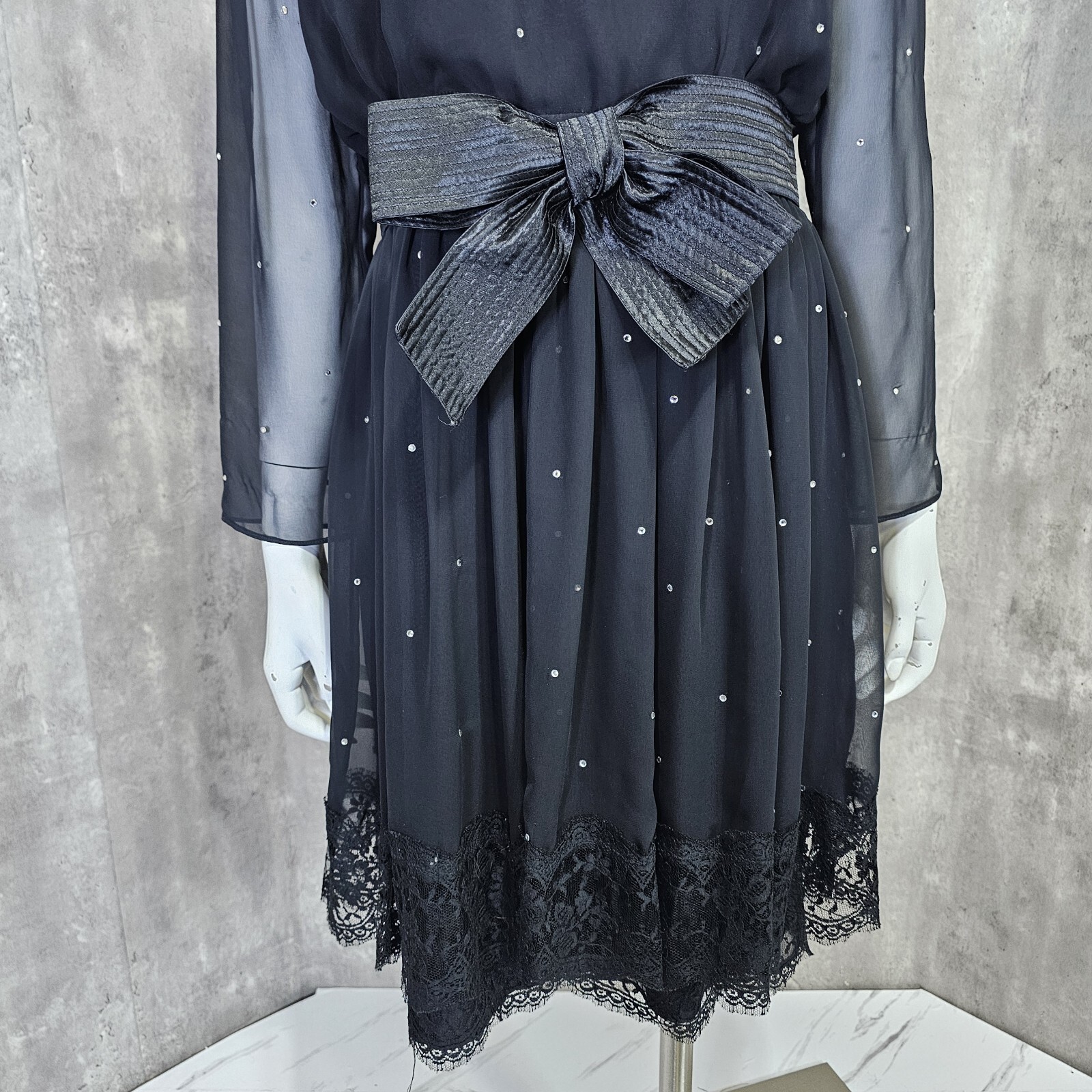 Vintage 80s Henri Bendel Liancarlo Illusion Neckline & Sleeves Black Dress Bow