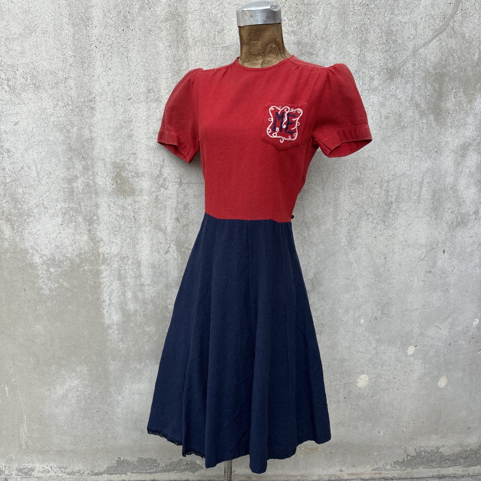 Vintage 1930s 40s Red Blue Wool Color Block Dress Embroidered ME Deco Stitched