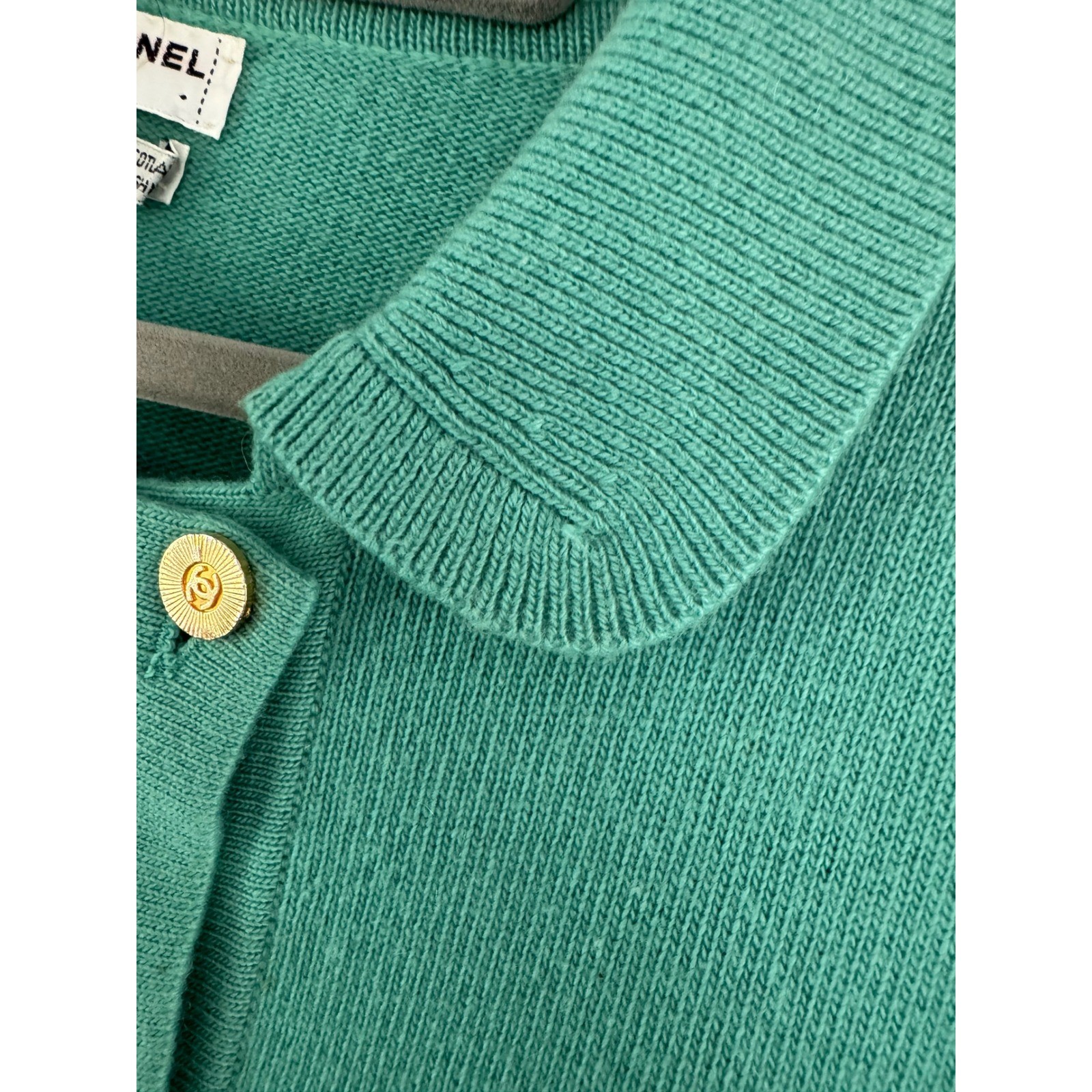 Chanel Vintage Cashmere Skirt Suit Teal Green Gold CC Buttons Scotland Sz 8 10