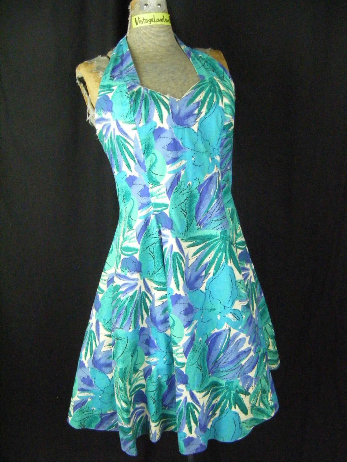 EXTRA FEMME COLLECTION Vtg 80s Blue White 50s Halter Dress-Bust 33/2XS-XS