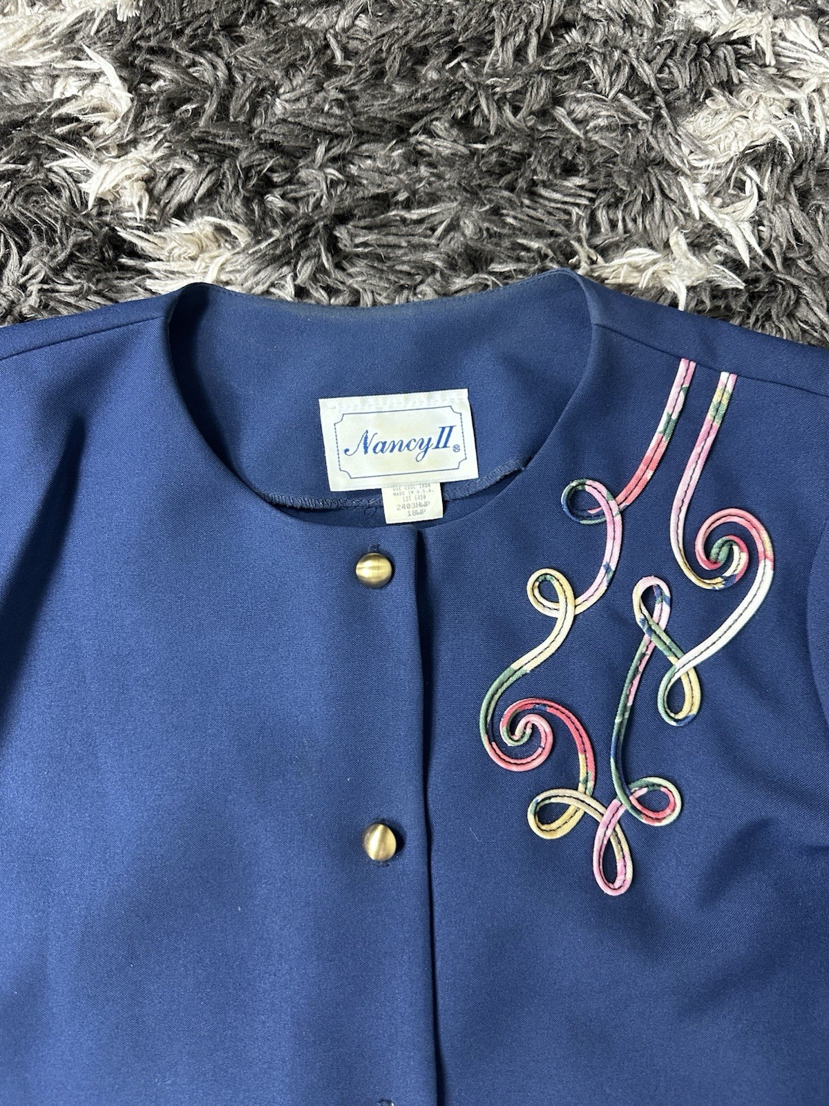 Vintage 90s Nancy II Blue Short Sleeve Button Blouse Jacket Embroidered 18WP