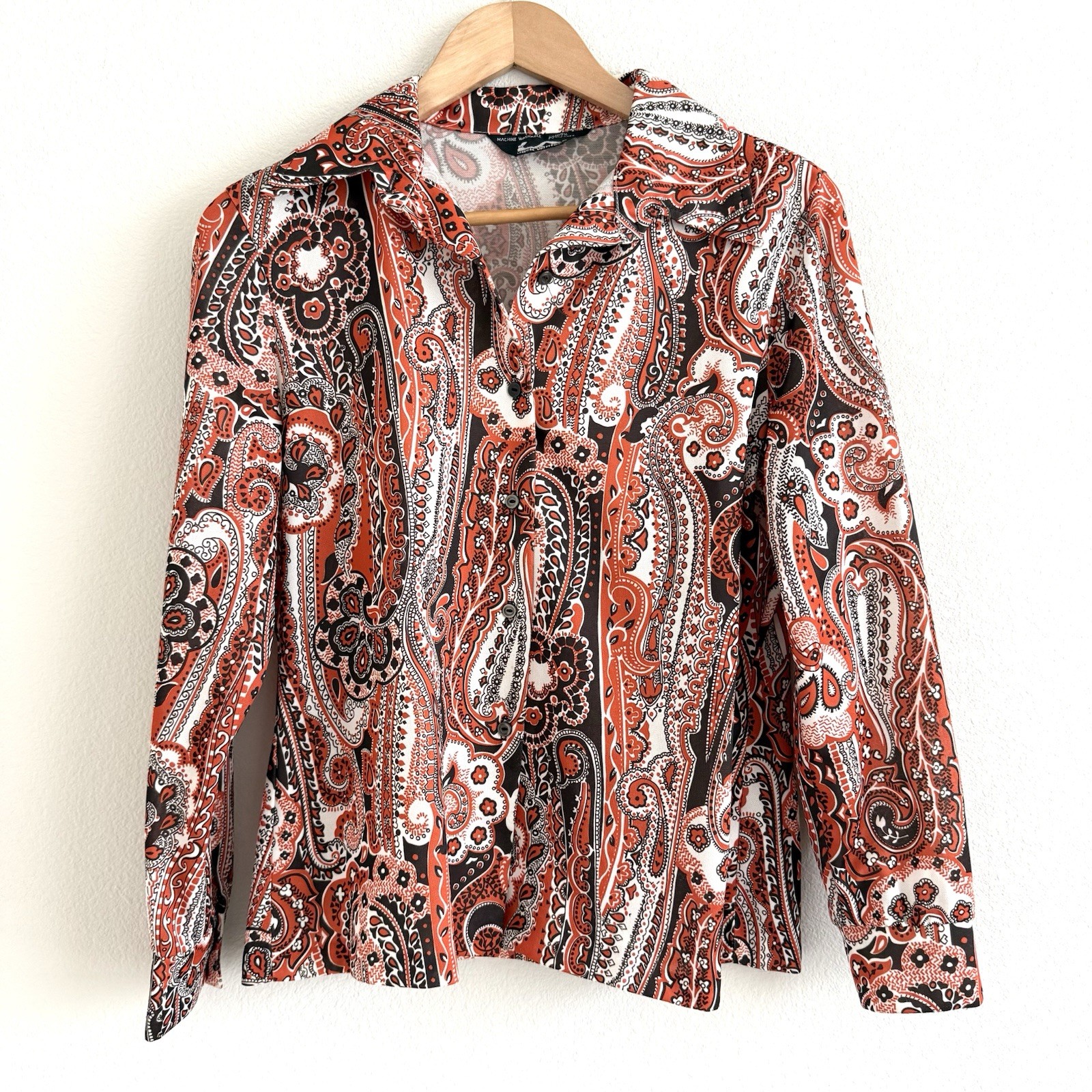 Vintage 70s Paisley Button Up Shirt Womens Large Brown Orange Hipster Disco Boho