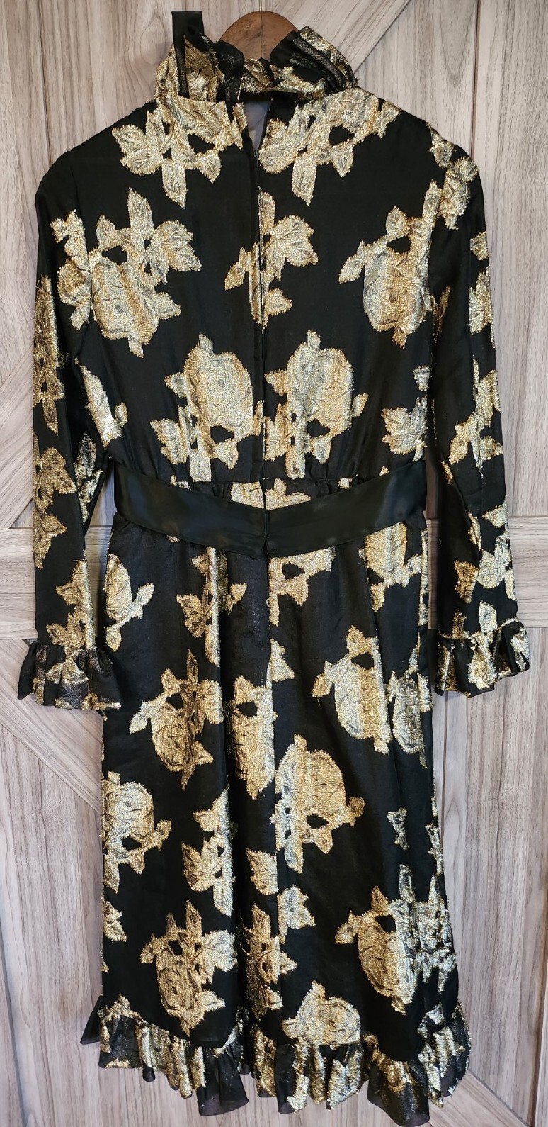Roger Milot for Fred Perlberg VTG Gold Metallic Floral Ruffle Trim Evening Dress