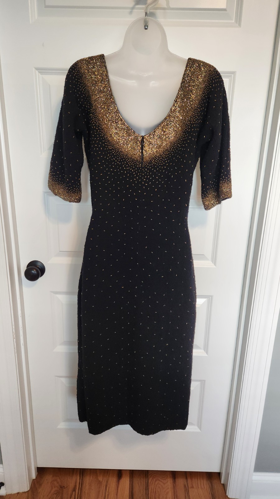 Vintage Gene Shelly’s Black Gold Beaded Knit Wiggle Dress Sz 16 1950s 1960s