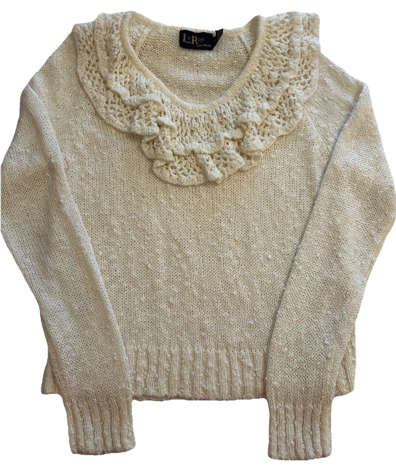 Vtg 80s LeRoy knitwear Ivory Sweater Sz Small Ruffle Crochet Cottagecore Frilly