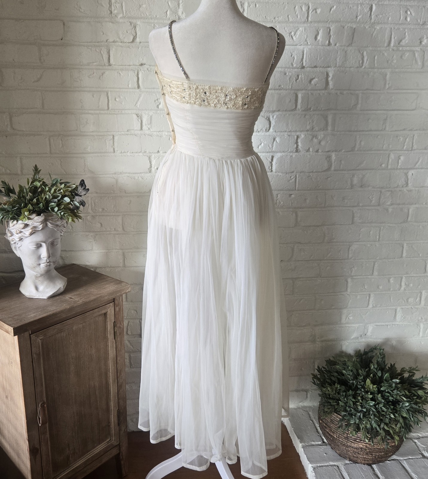 Vtg 1950s 60s Rhinestone Ruched Party Dress, Wedding, Bridal