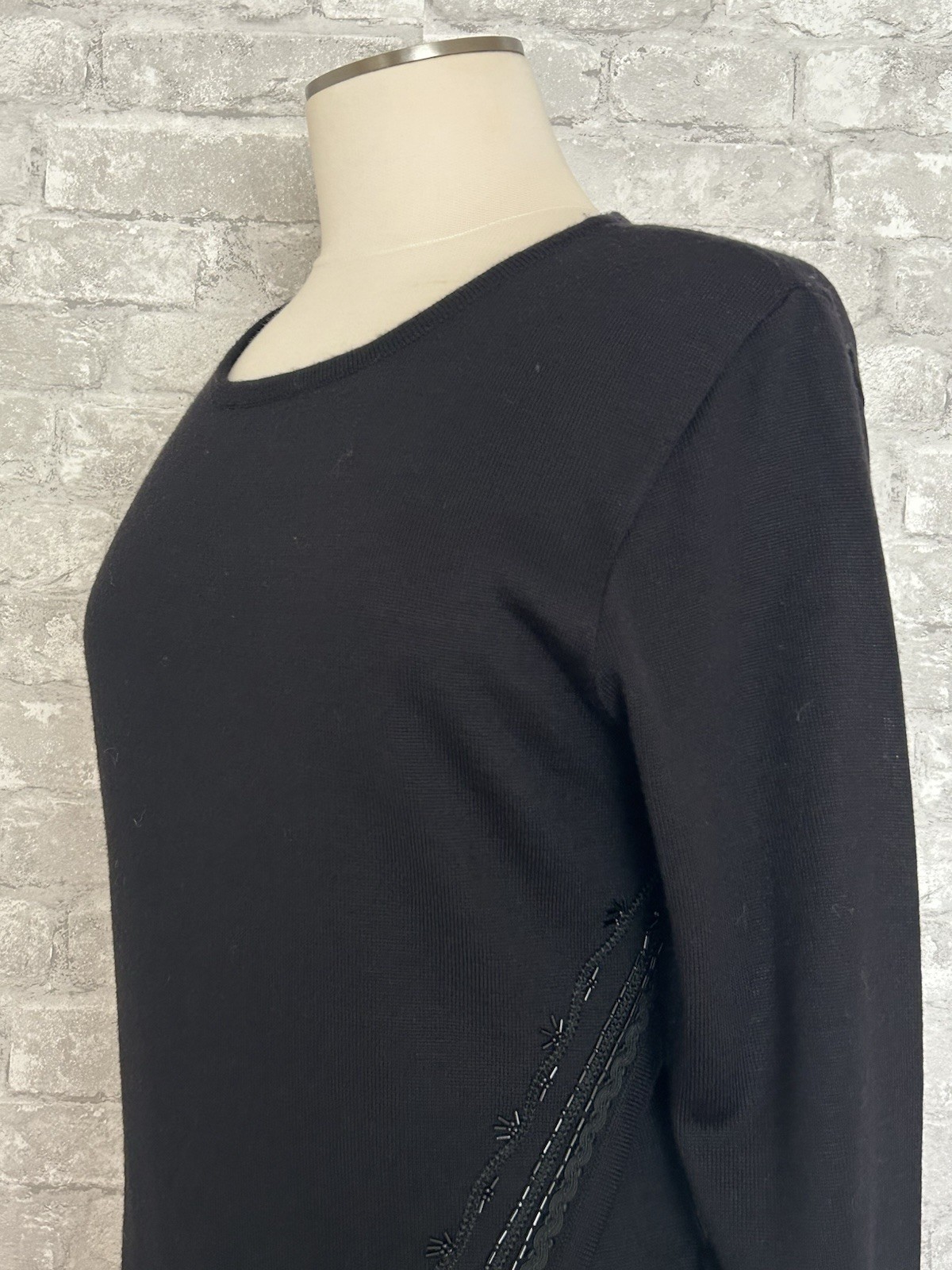 Carole Little M Vtg Black 2 Piece Skirt Set Beaded Asymmmetrical Overlap Sweater
