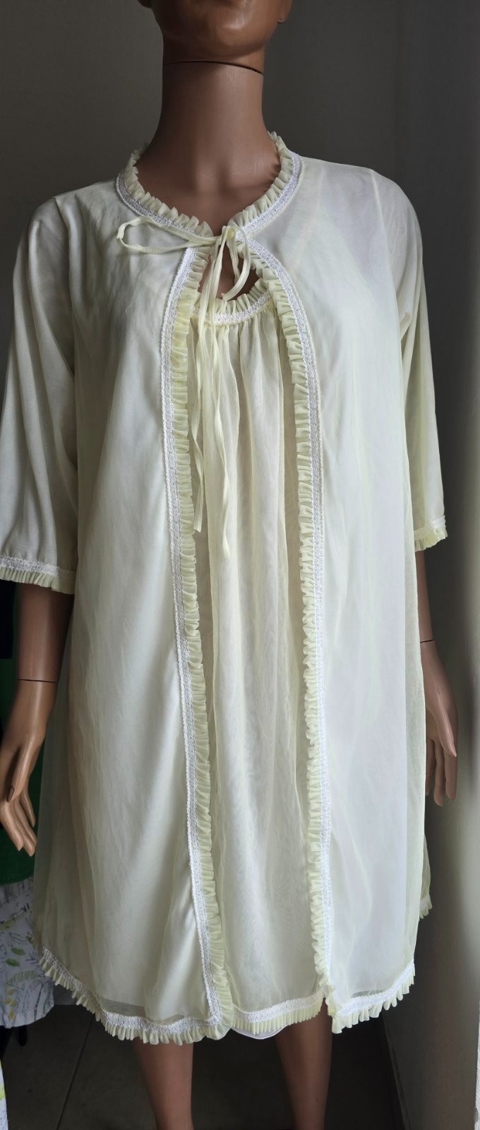VTG 60-70s GRANDER Yellow Nightgown&Robe Set Ruffle Lace Peignoir Sleepwear-S