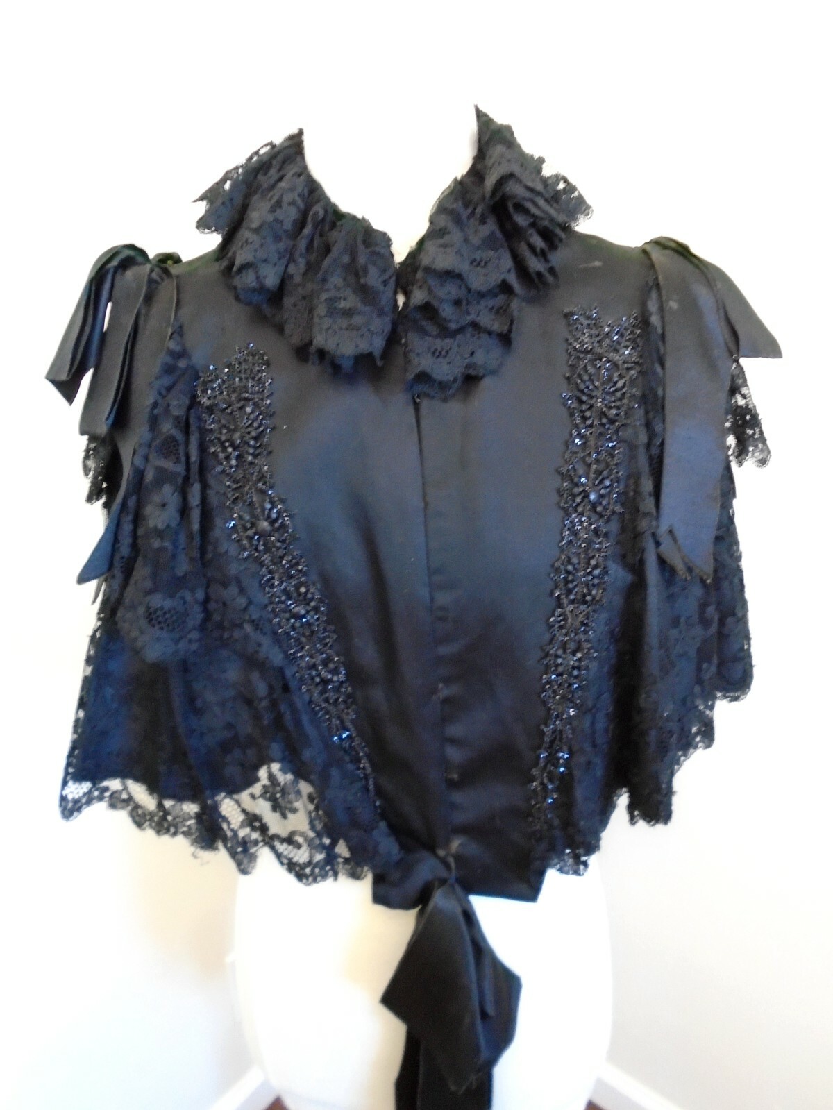 Original c 1870/1890 Victorian Silk Satin Cape Jet Beaded Ribbon/Lace Ruffles
