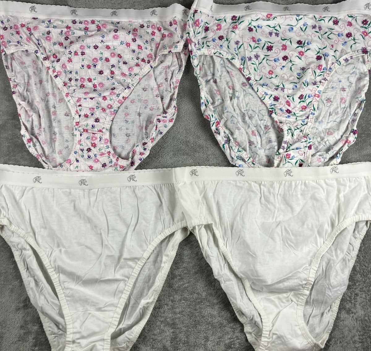 VTG Fruit of the Loom Panties Lot 4 Floral White Briefs Size 9 USA Cotton