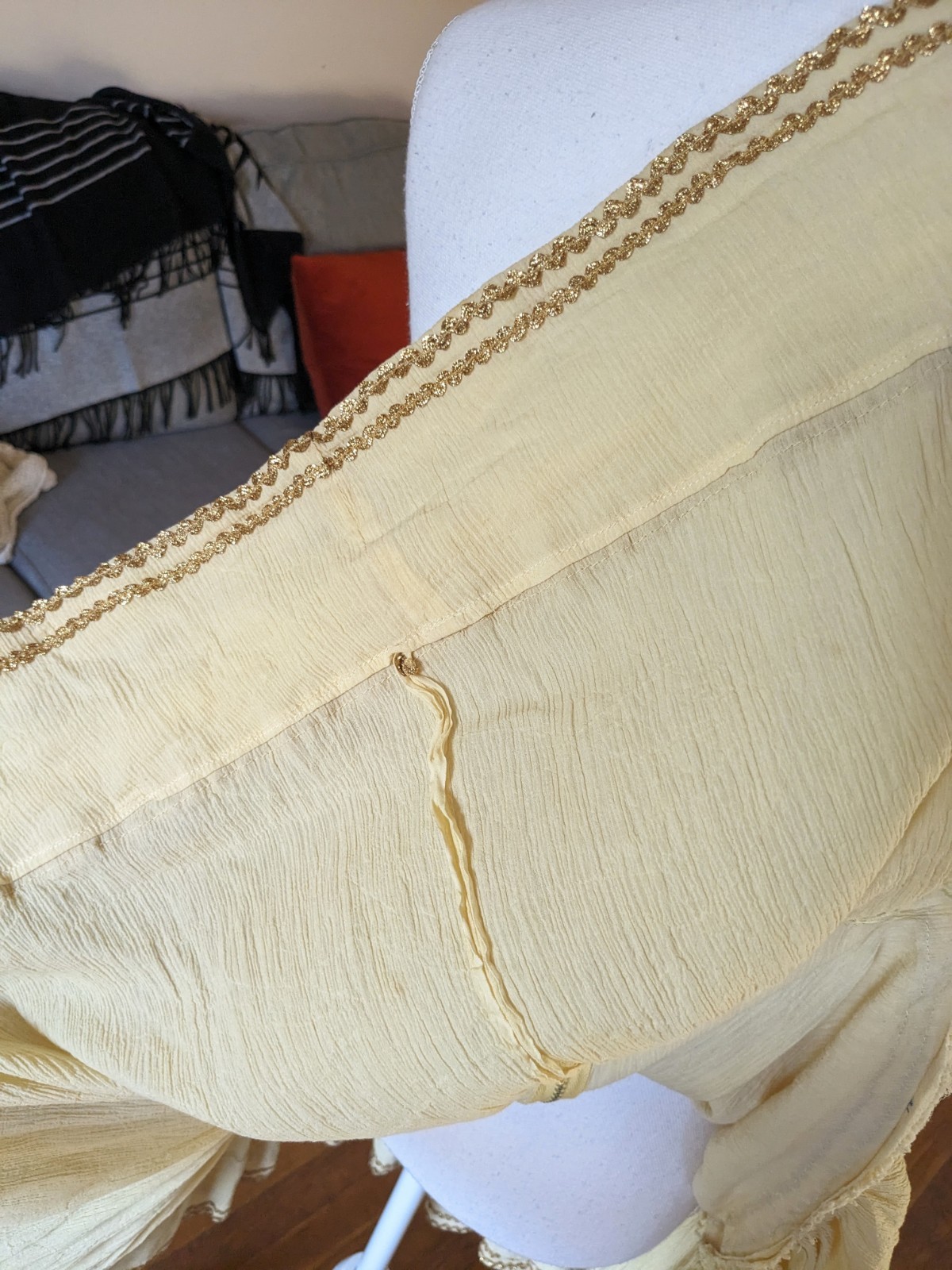 Vintage Cream Tiered Circle Skirt with Gold Metallic Ric Rac and Trim