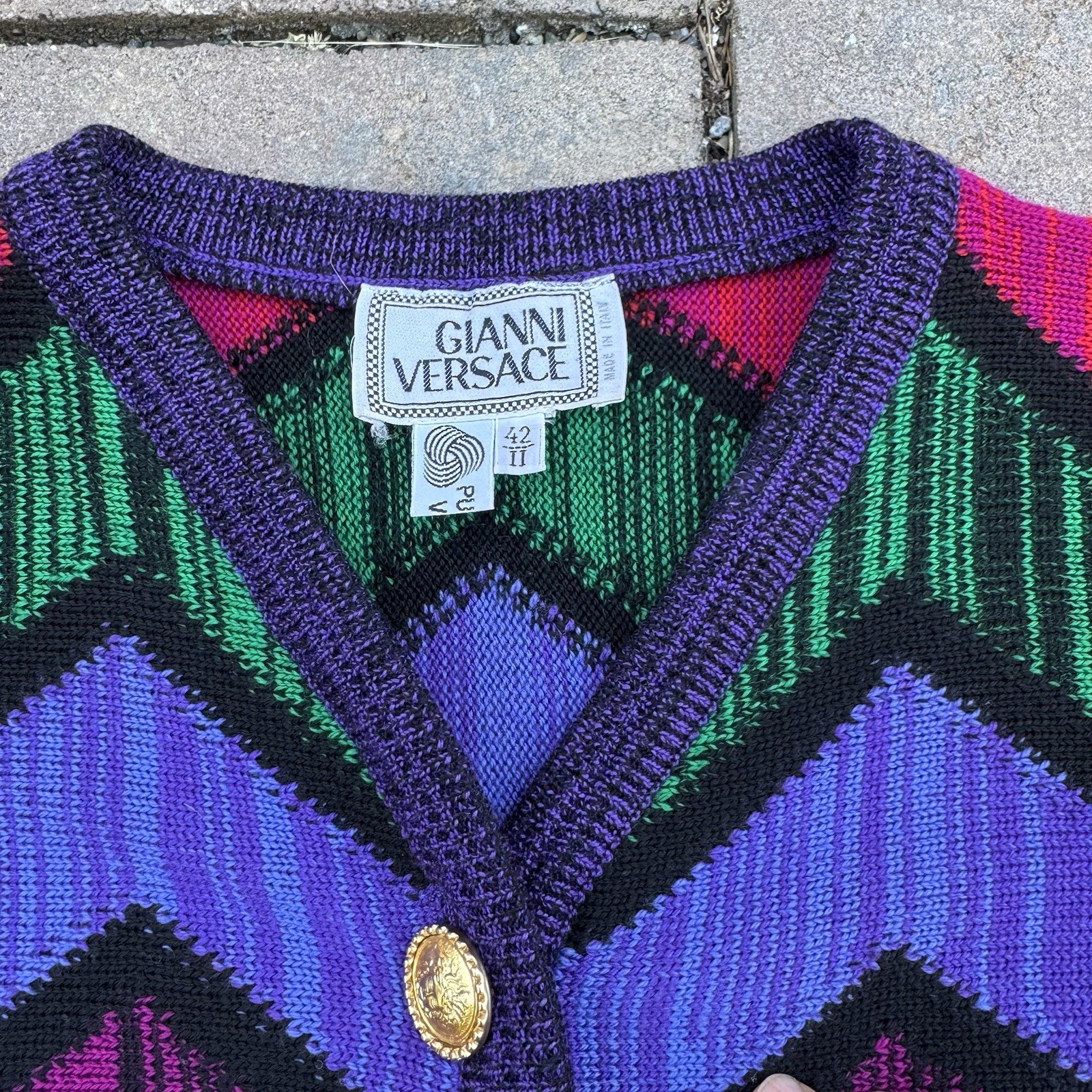 VTG 90s Gianni Versace Virgin Wool Cardigan Sweater Colorful Gold Buttons S READ