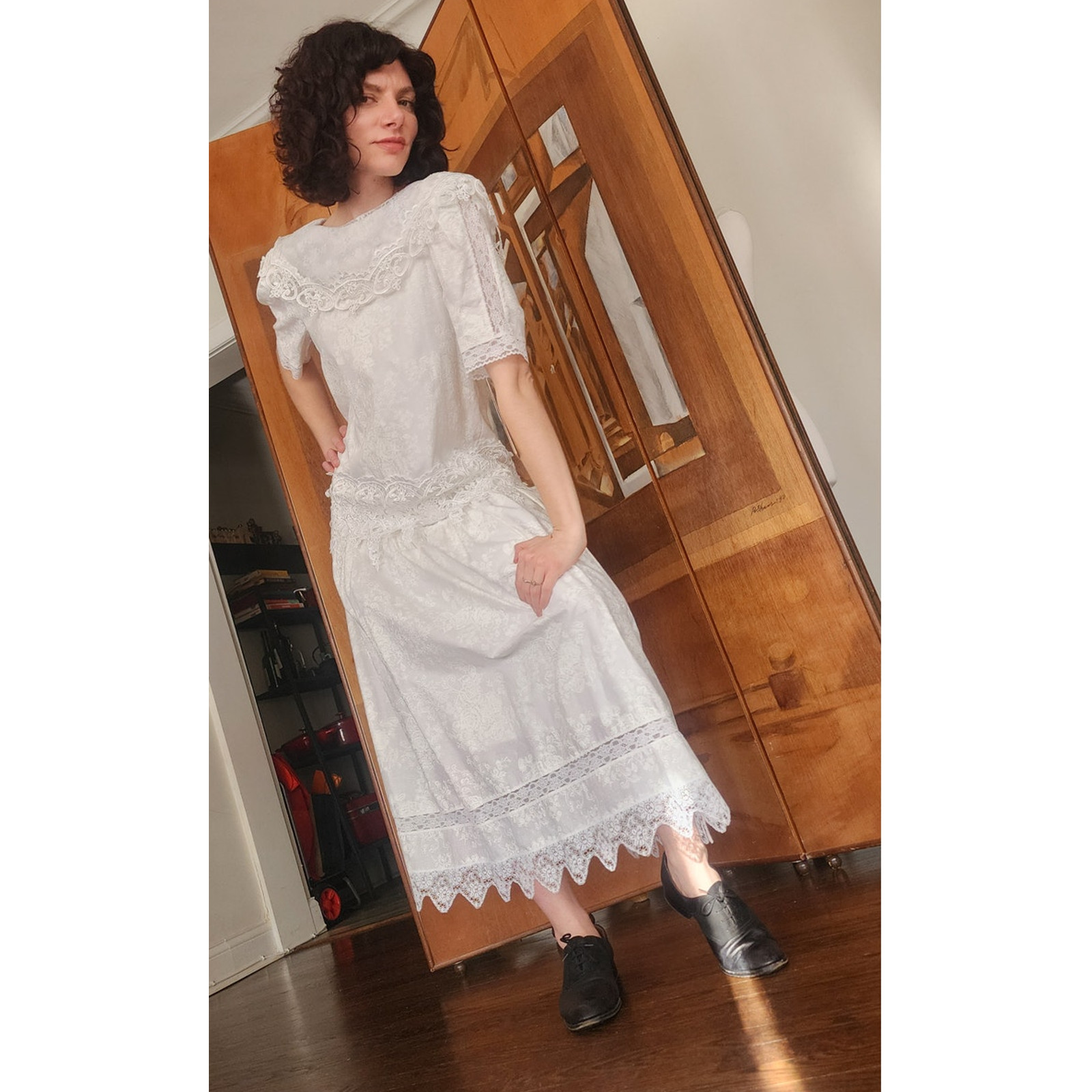 Vintage 1980s Scott McClintock White Lace Dress Drop Waist Puffed Sleeves NWT