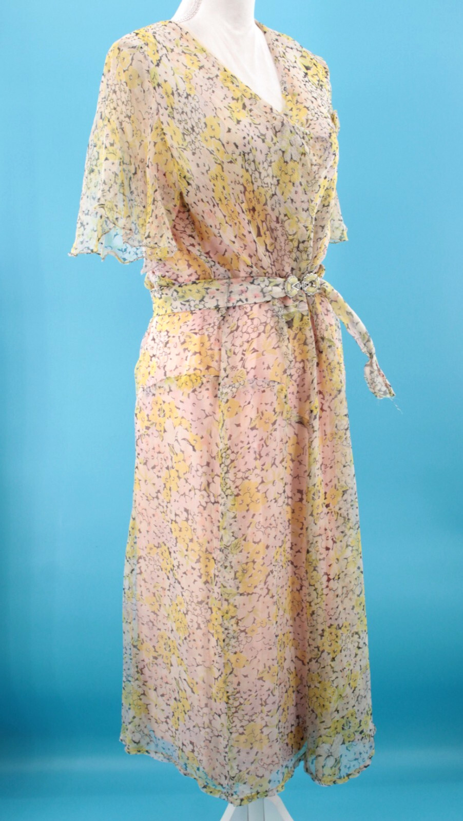 Vtg Women’s 30s Sheer Cream & Yellow Floral Pink Lining Chiffon Dress M/L 1930s