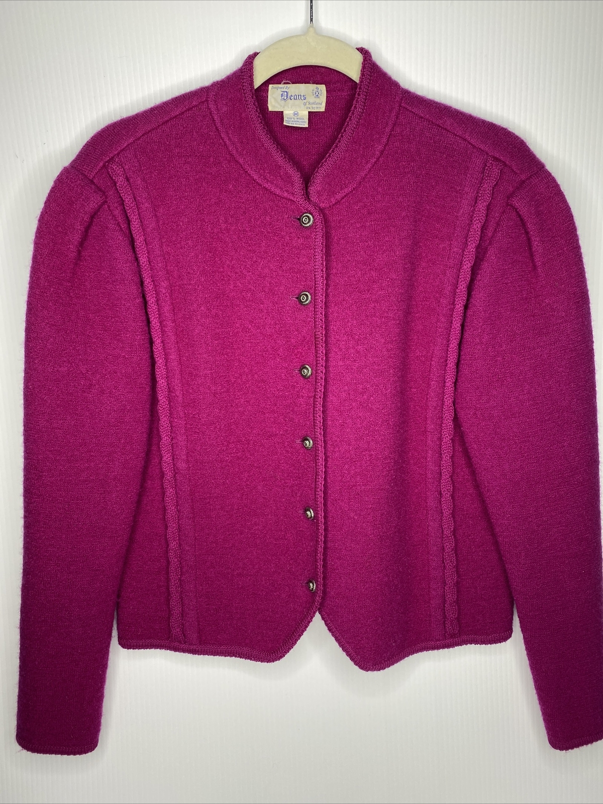 Vintage Deans Of Scotland Berry Sweater Jacket Sz Medium Mandarin Collar Cable