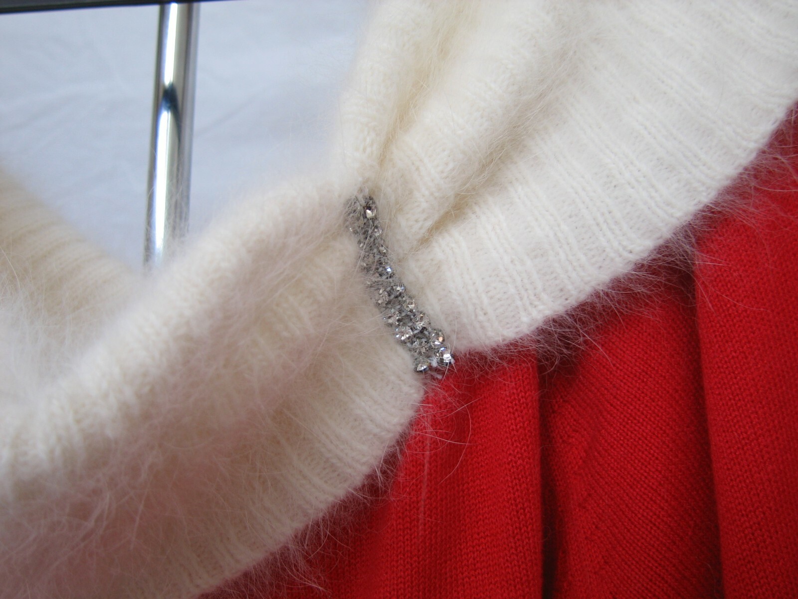 Fabulous Vintage Berer-2 Collection Red & White Angora Sweater with Rhinestones