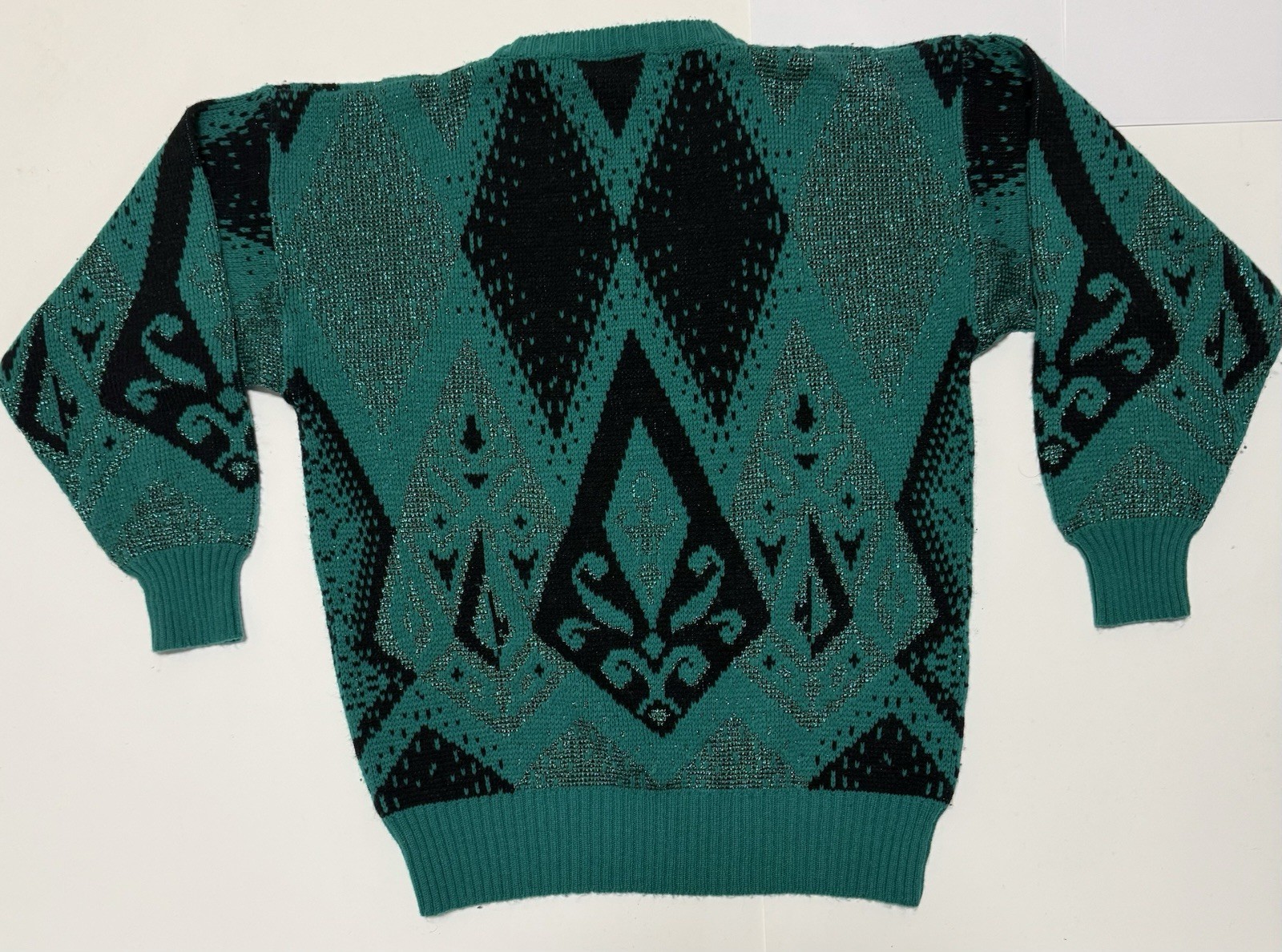 VTG Joyce Acrylic Knits Sweater Sz L Green Black Sparkle Clothing Geometric 80s