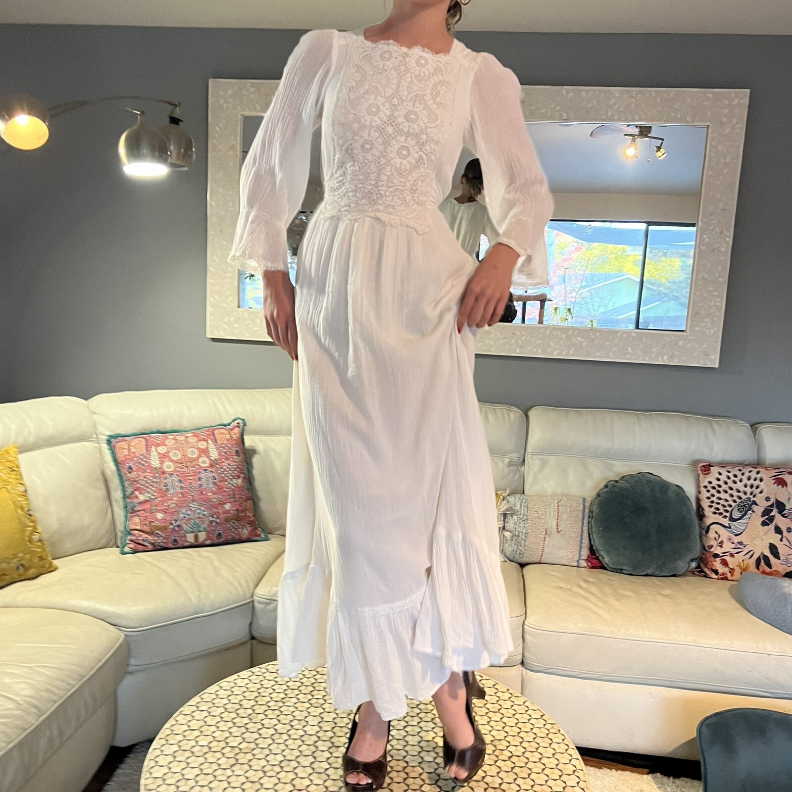 Gunne Sax Cream Gauze & Lace Maxi Dress Cottagecore Prairie Dress Boho Wedding S