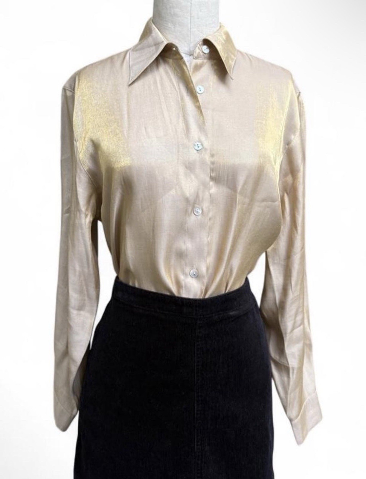 Vintage Gold Iredescent Button Up Long Sleeve Blouse Point Collar S Medium 80’s