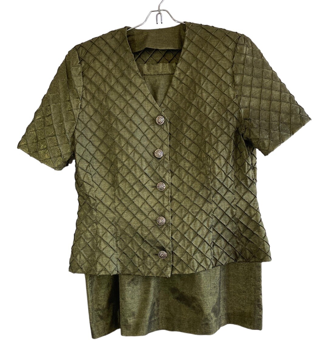 Vtg Handmade Womens 2 Pc Suit Unsized Measures 10 M Skirt & Top Green Retroglam
