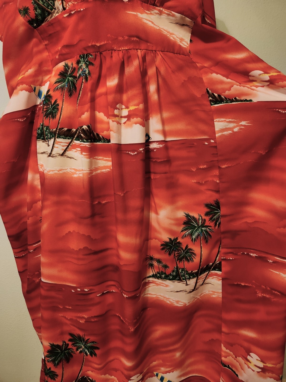 Vintage 1970s Red Sailing Hawaiian Tropical Beach Maxi Kaftan Back Tie One Size