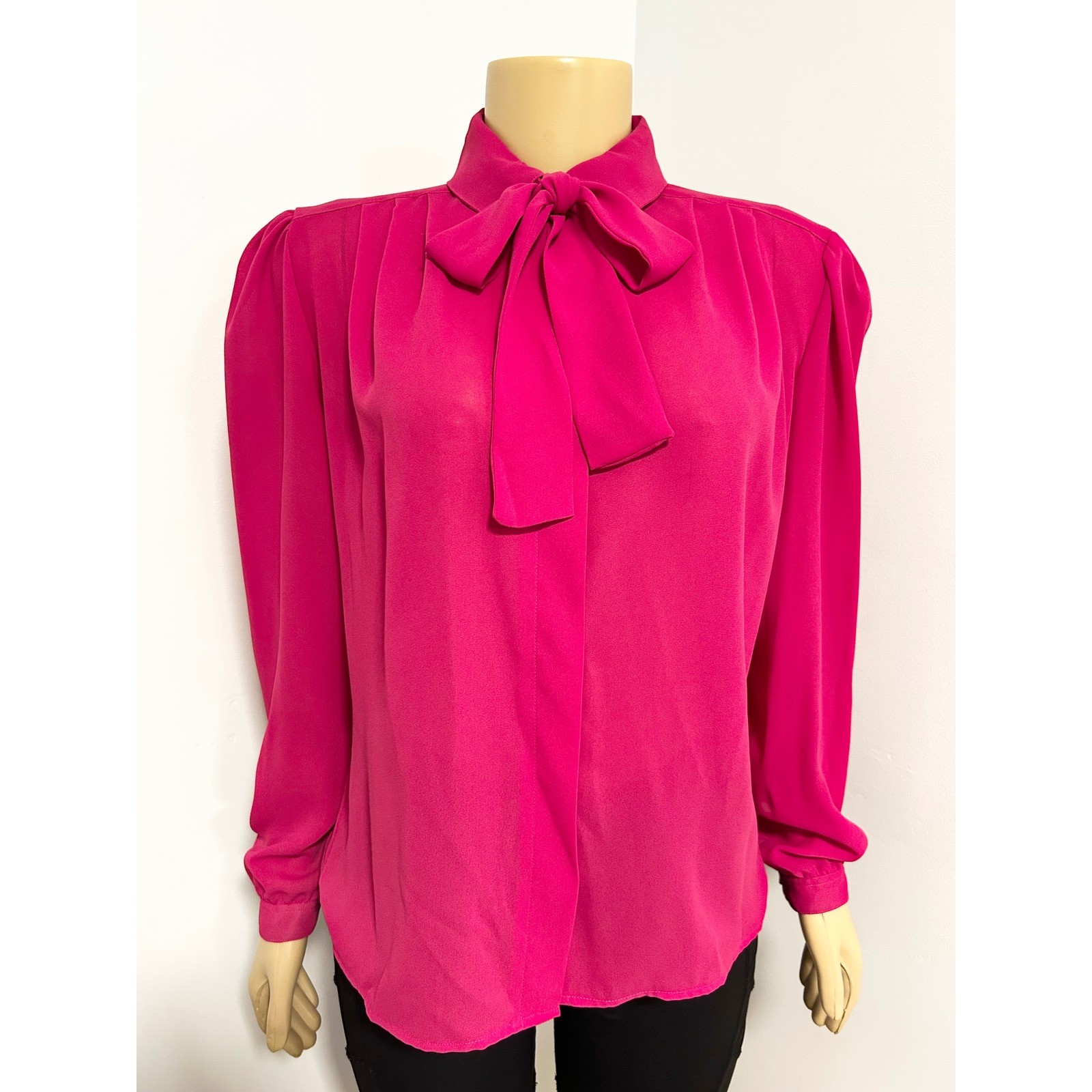 Josephine Magenta Pink Bow Neck Blouse Vintage RETRO Puff Long Sleeve Top 12