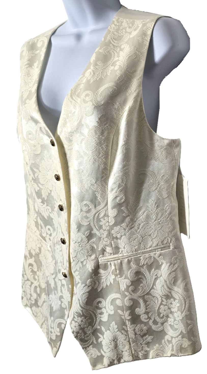 Vintage Wedding Suit Vest Top 10 Women Bridal Brocade Floral Ivory White 80s 90s