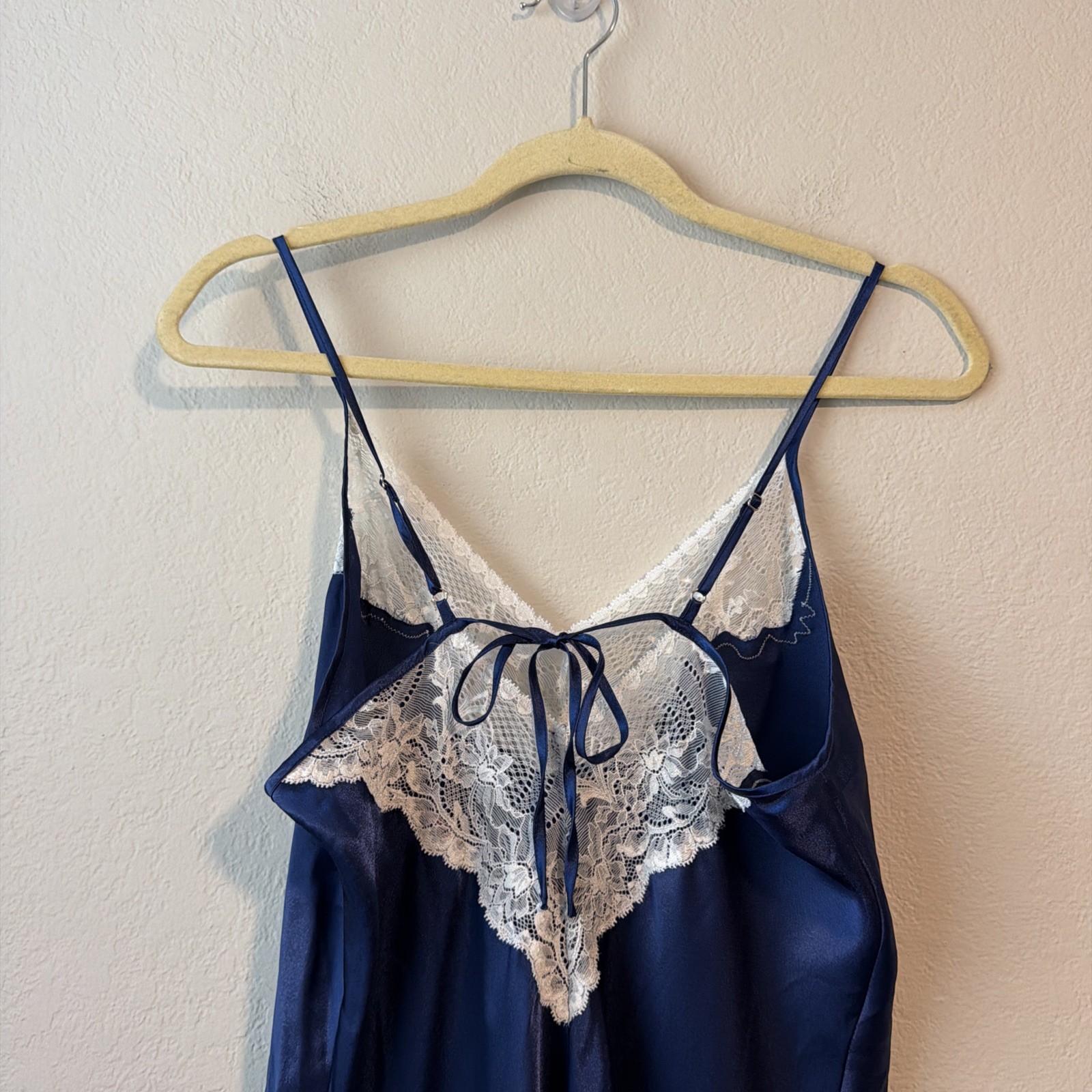 Vintage Oscar de la Renta Pink Label Navy Satin Lace Slip Dress Y2k M dainty