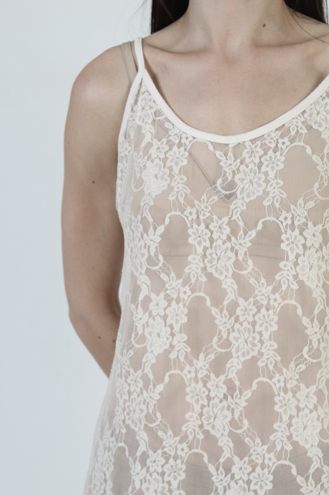 Vtg Victorian Lace Dress Cream Sheer Edwardian Antique See Through Midi Slip