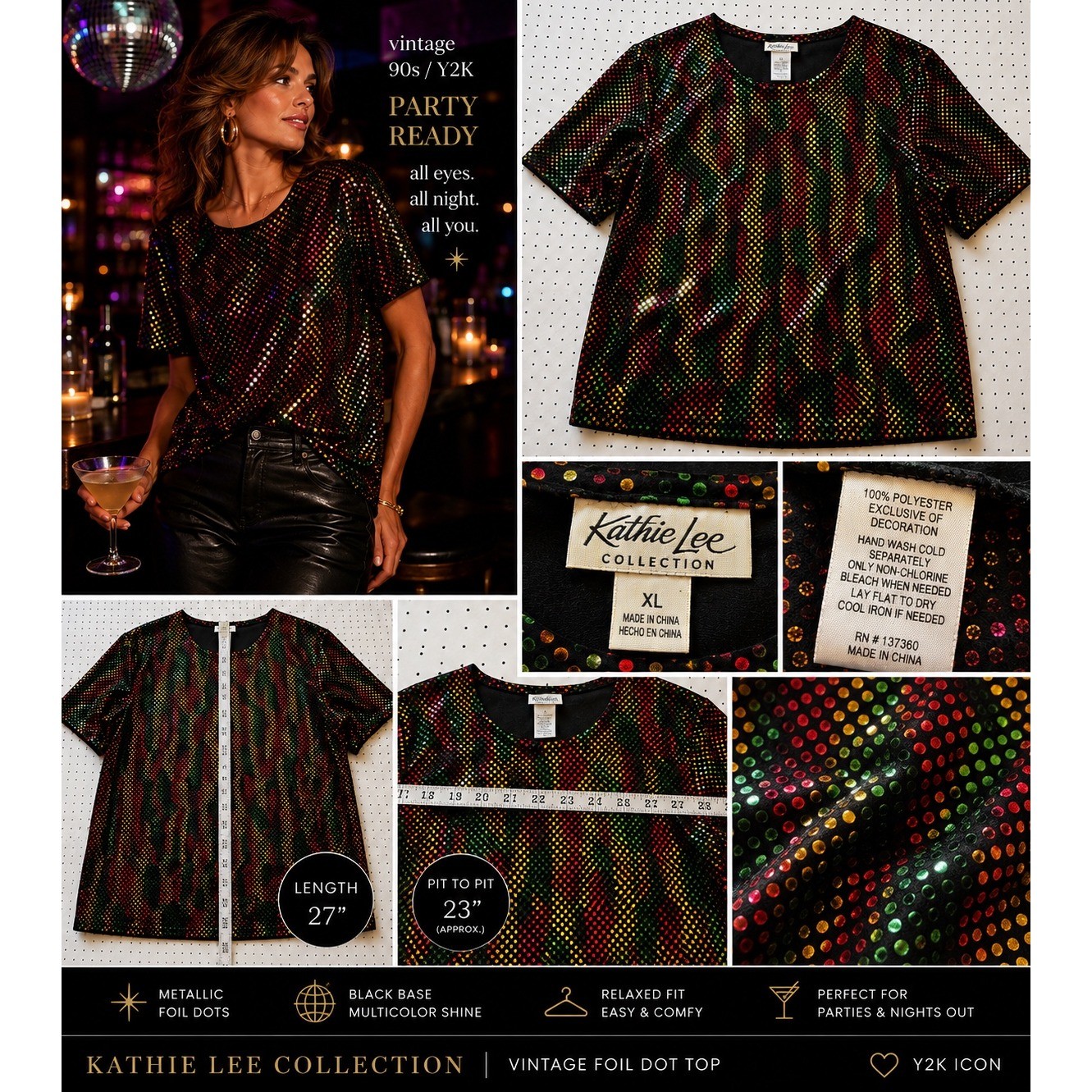 Kathie Lee Collection Vintage Y2K Metallic Disco Top Multicolor Foil Dot Blouse