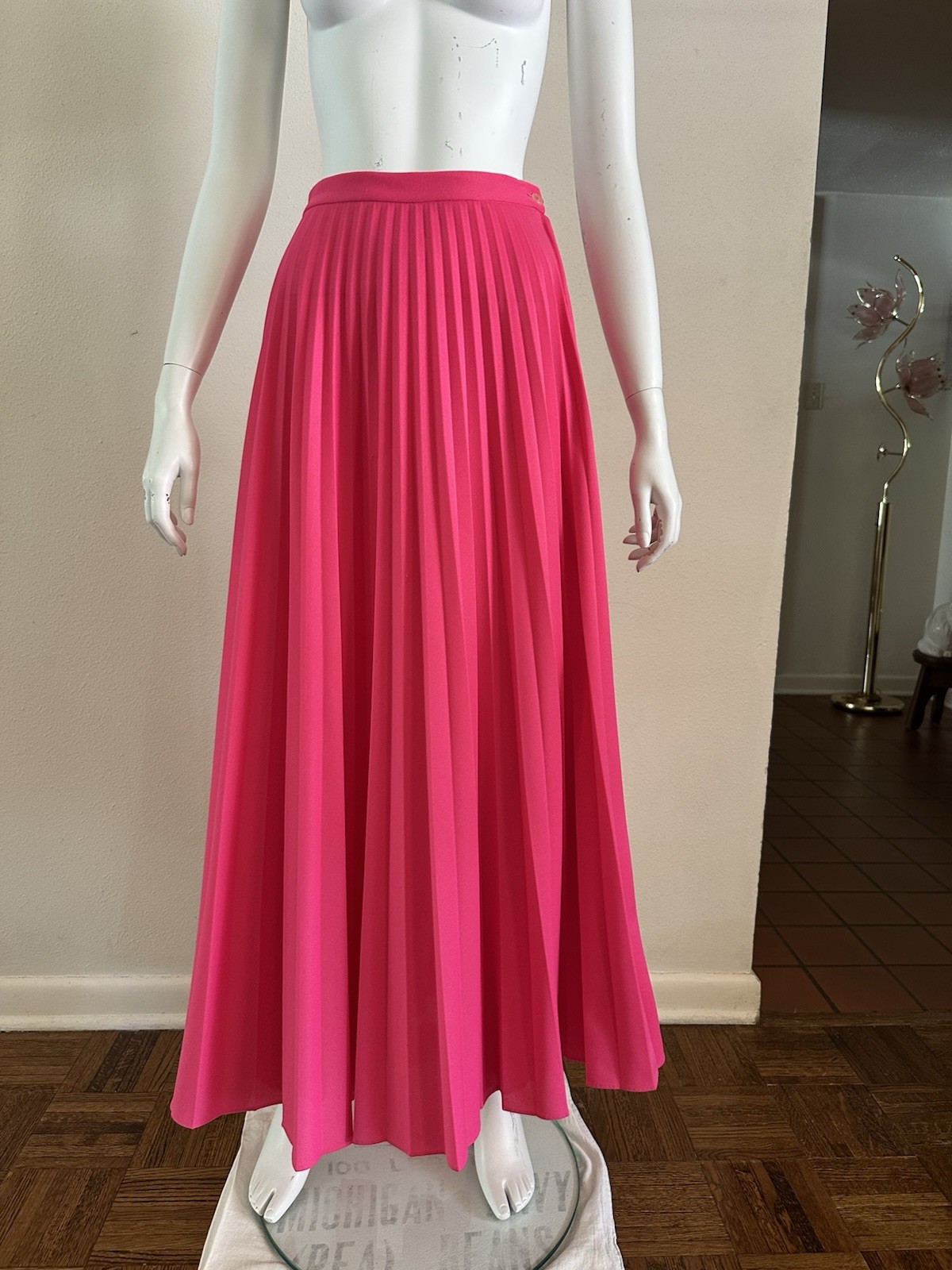 1970s Hot Pink Neon Knife Pleated Maxi Skirt Miss Shaheen Hawaii Resort S 6 VTG