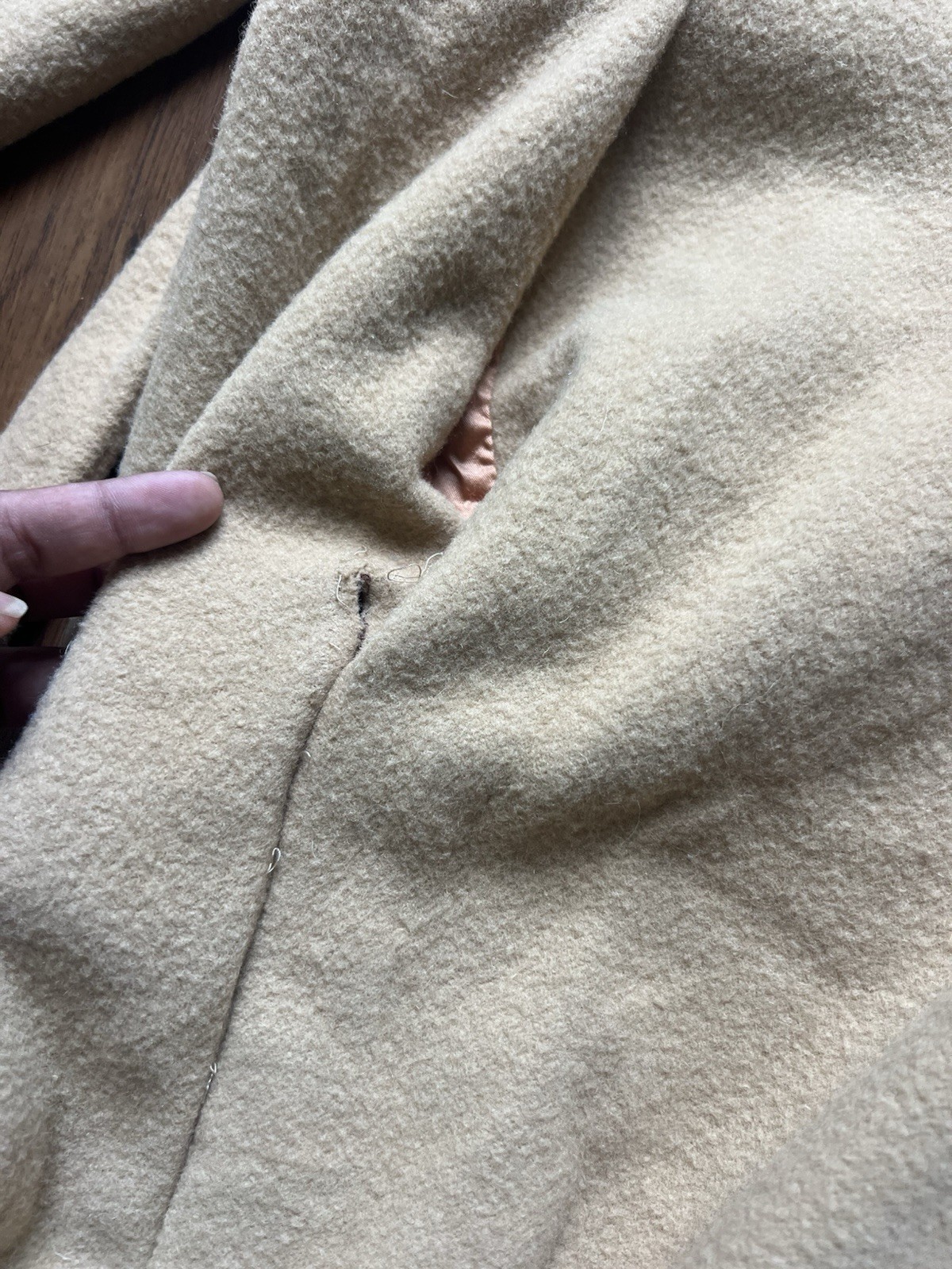 VTG 70s Penny Lane Wool Coat Faux Fur Collar Trim Belted Boho Princess Camel S