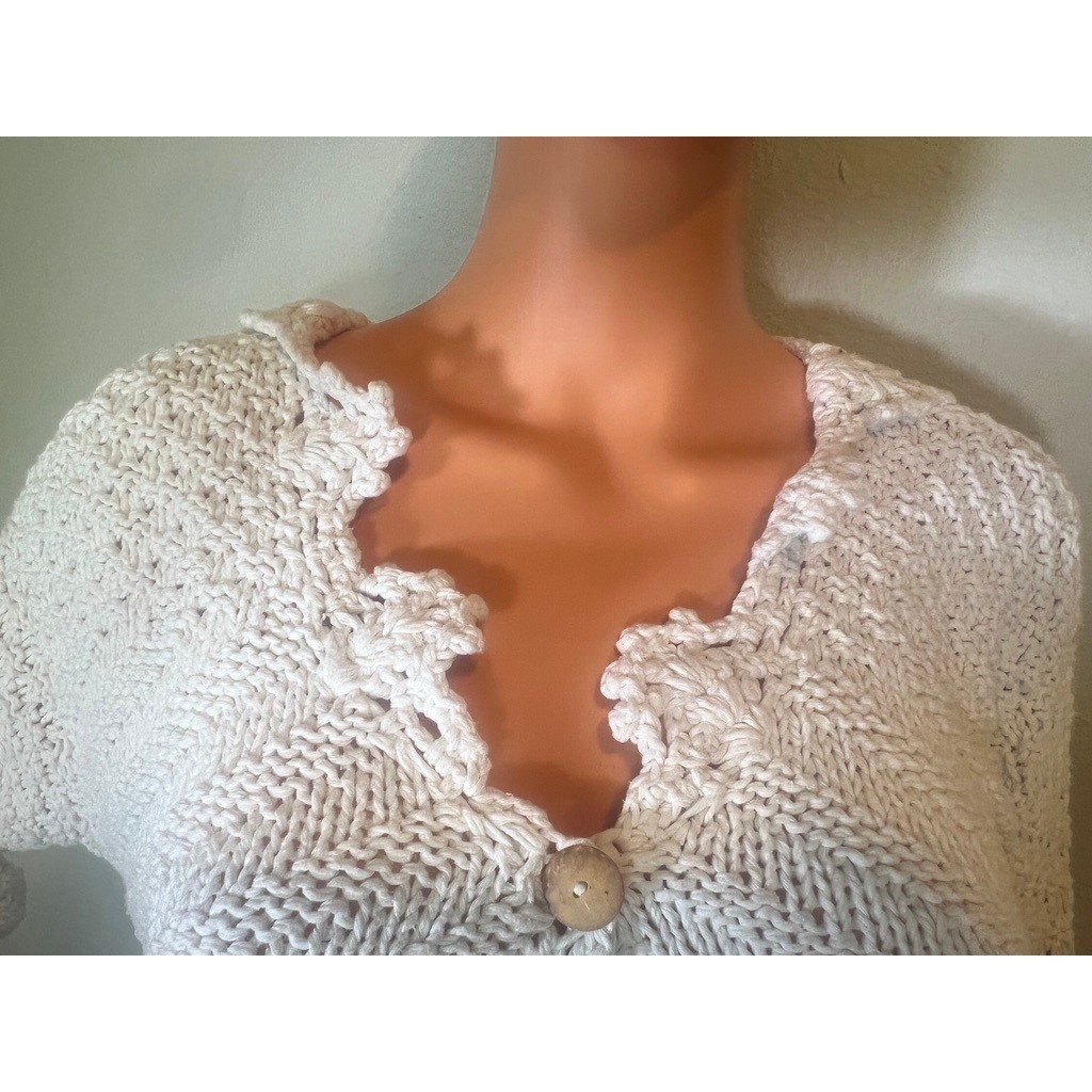 Vintage Handknit Cardigan White Cotton Cottagecore Sweater SIZE?