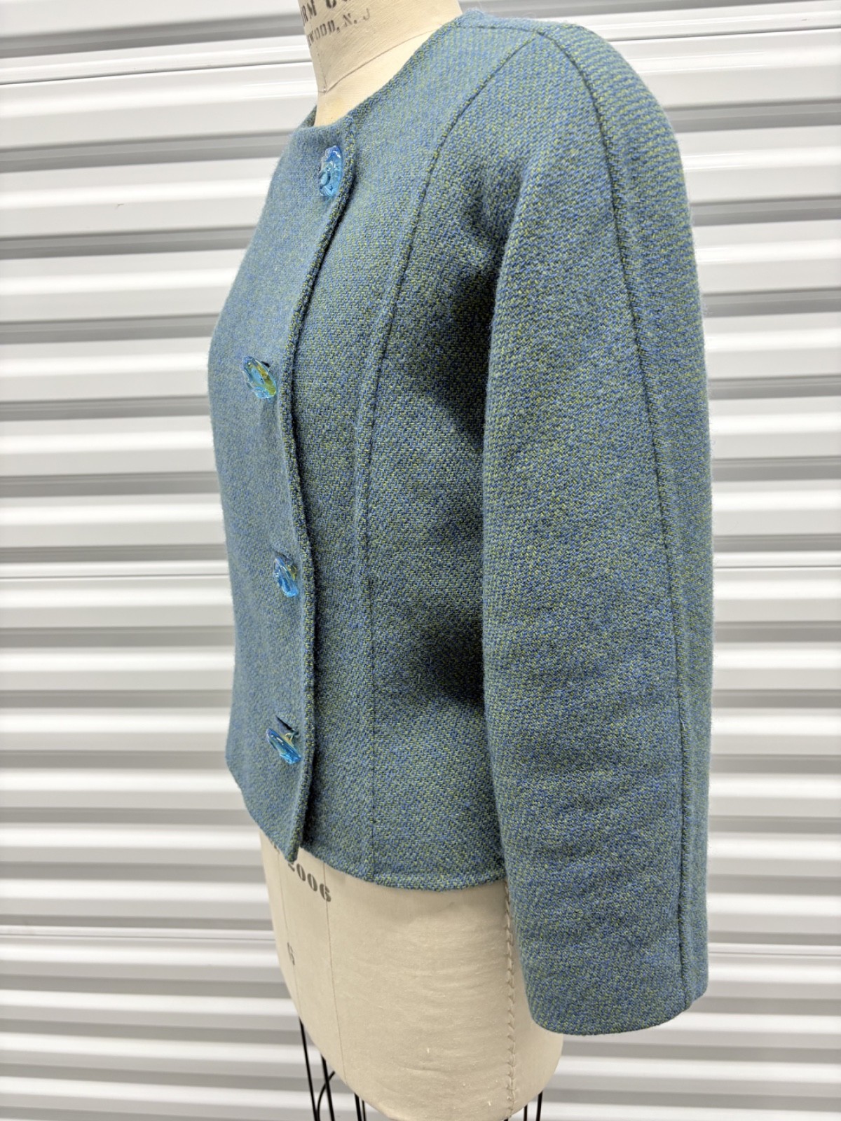Vintage 1980s Carolyne Roehm Blue/Green Tweed Sculpted Jacket – Asymmetric 12