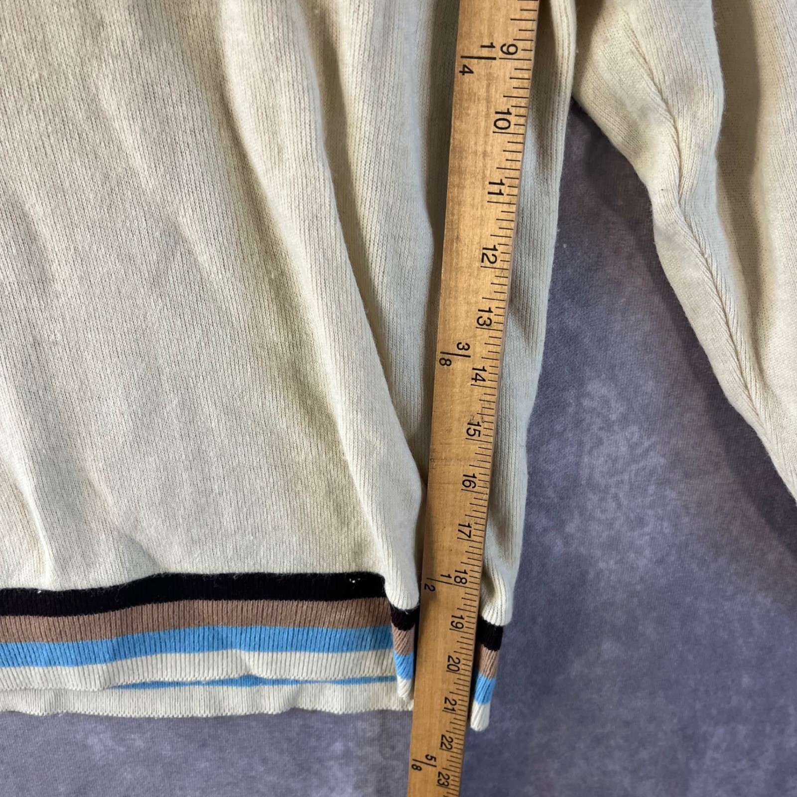 Cascade of California Sweater Women M Cream Blue Striped V-Neck 60s Vintage