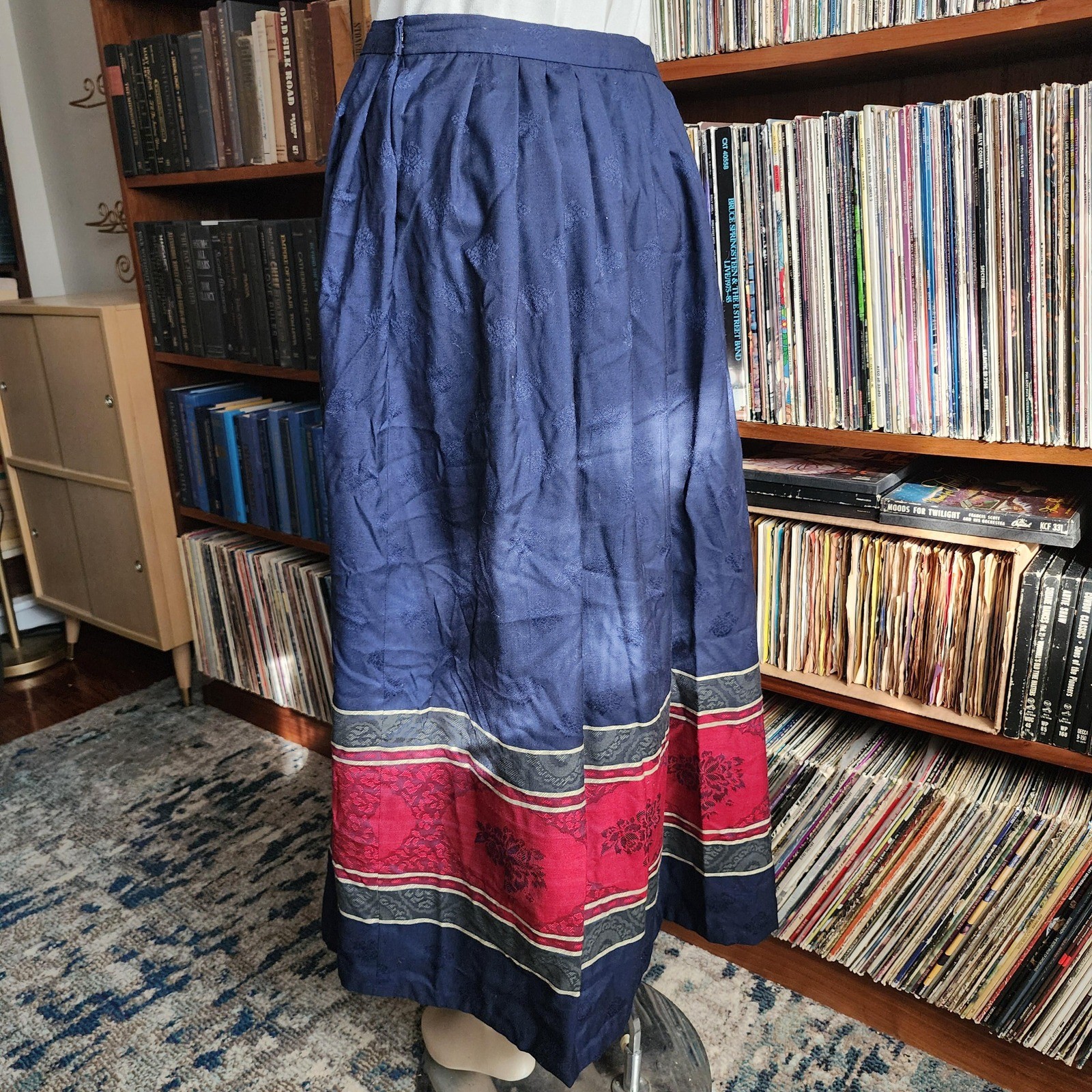 Vintage 1960s Villager Wool Blend Maxi Skirt Navy Blue Red Stripe Made in USA M
