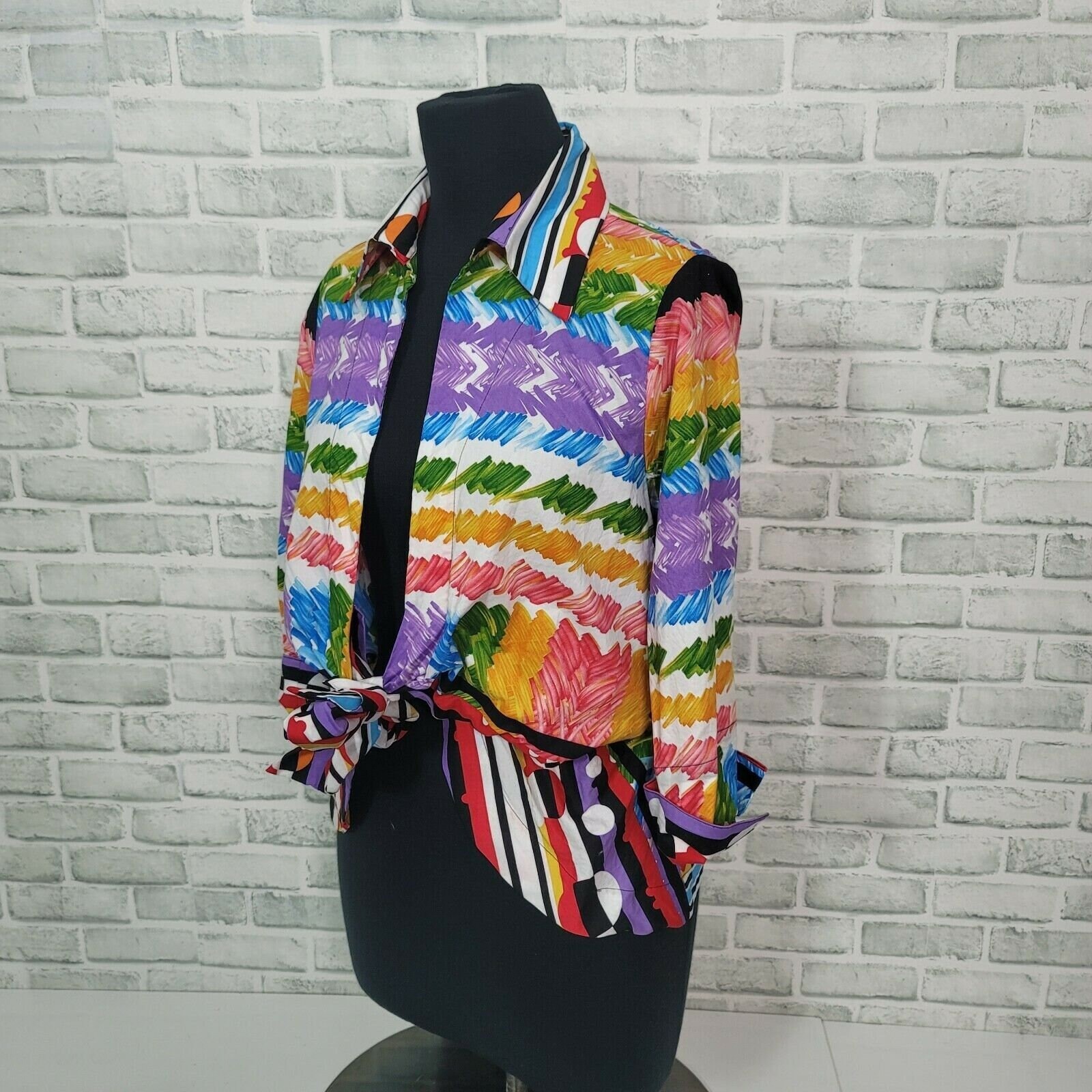 Mischa Womens Colorful Abstract Print Tie Open Front Cotton Popover Blouse M