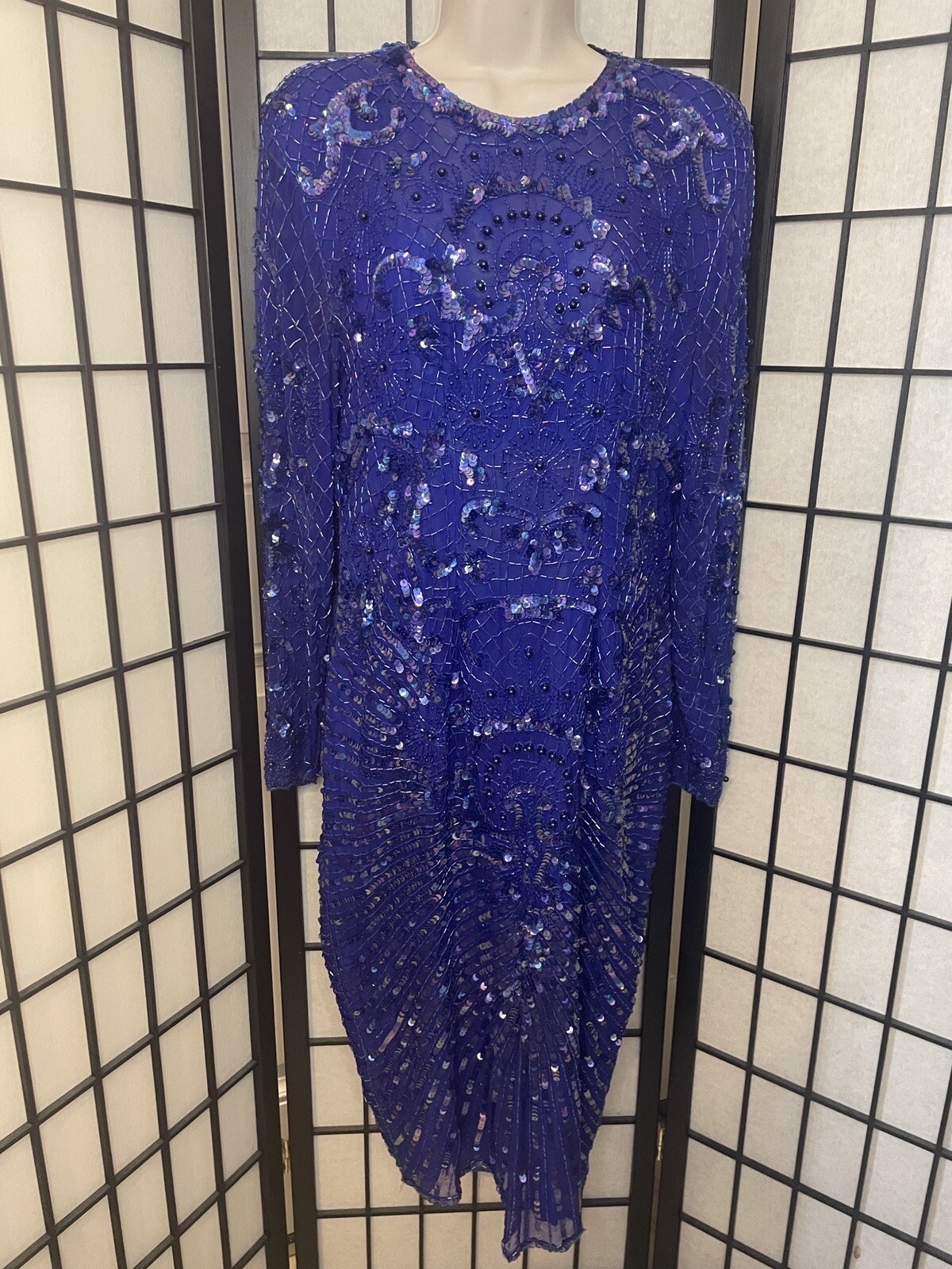 Vintage Blue 100% Silk Sequins Sheer Cocktail New Years Gown Dress By Swee Lo