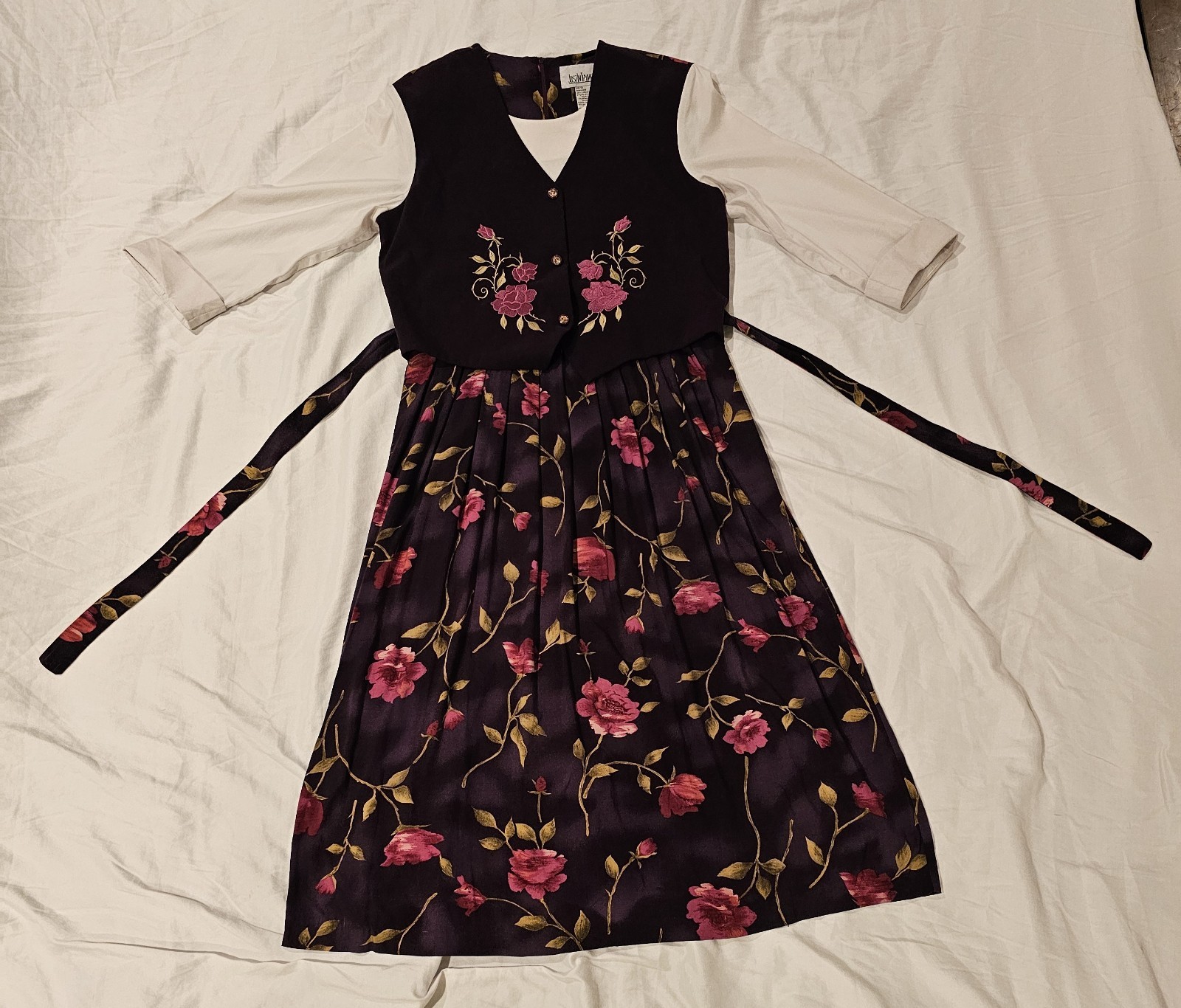 VTG Just In Thyme Dress Purple Rose 80s 90s Tie Waist Vest Size 14 WHIMSIGOTH