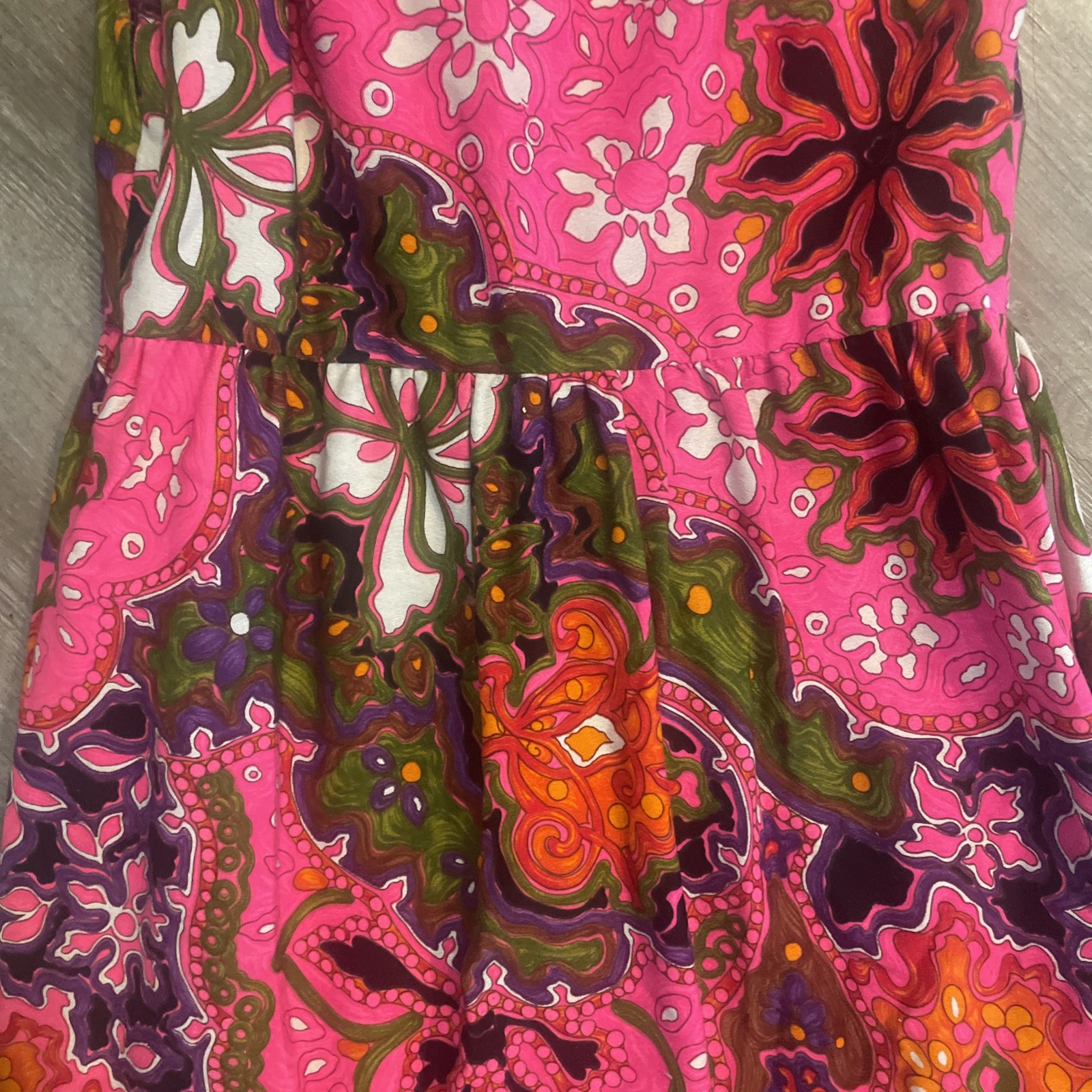 Vtg Sleeveless Maxi Dress Hot Pink Multicolor Psychedelic Print Barkcloth Lg