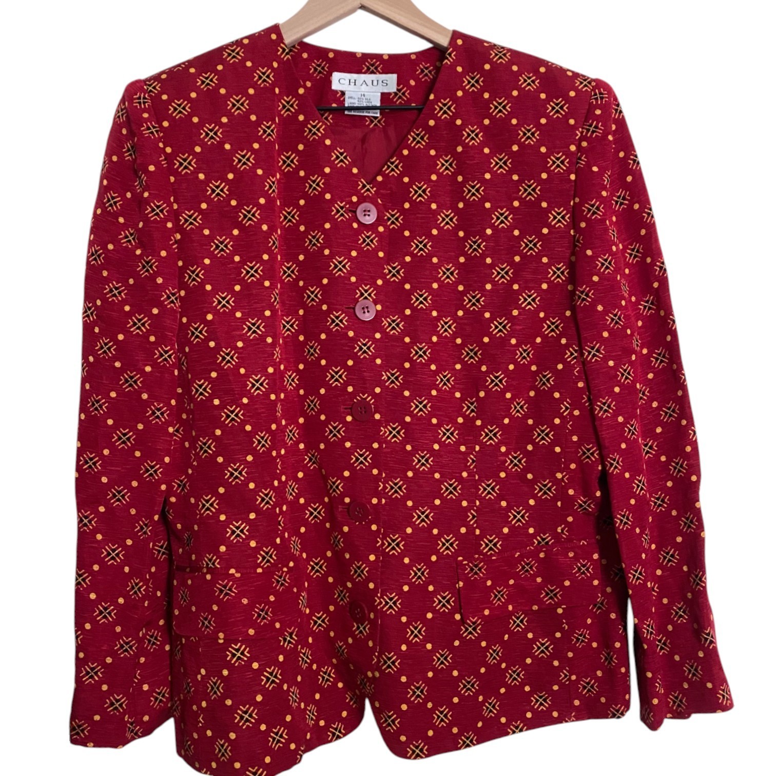 Red Silk Linen Collarless Blazer with Front Flap Pockets, Size 14