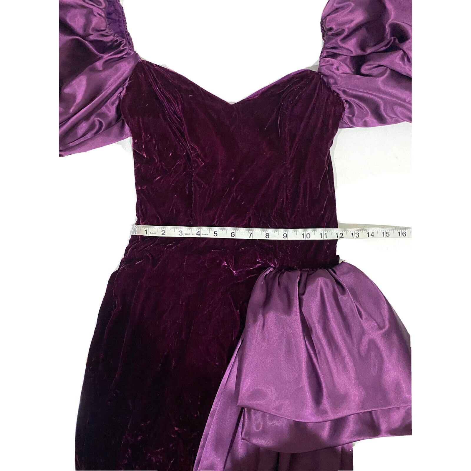 Vintage 90s Formal Dress Gown Velvet Puffy Sleeves Purple Drape Sash Women’s XS
