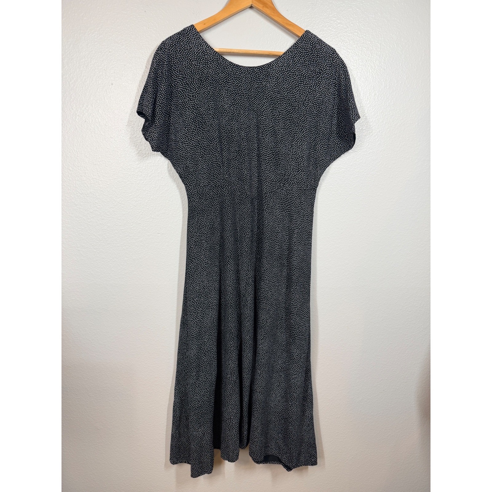 Retro 90’s A-Line Dress Womens S Black Polka Dot Midi Rayon Vintage
