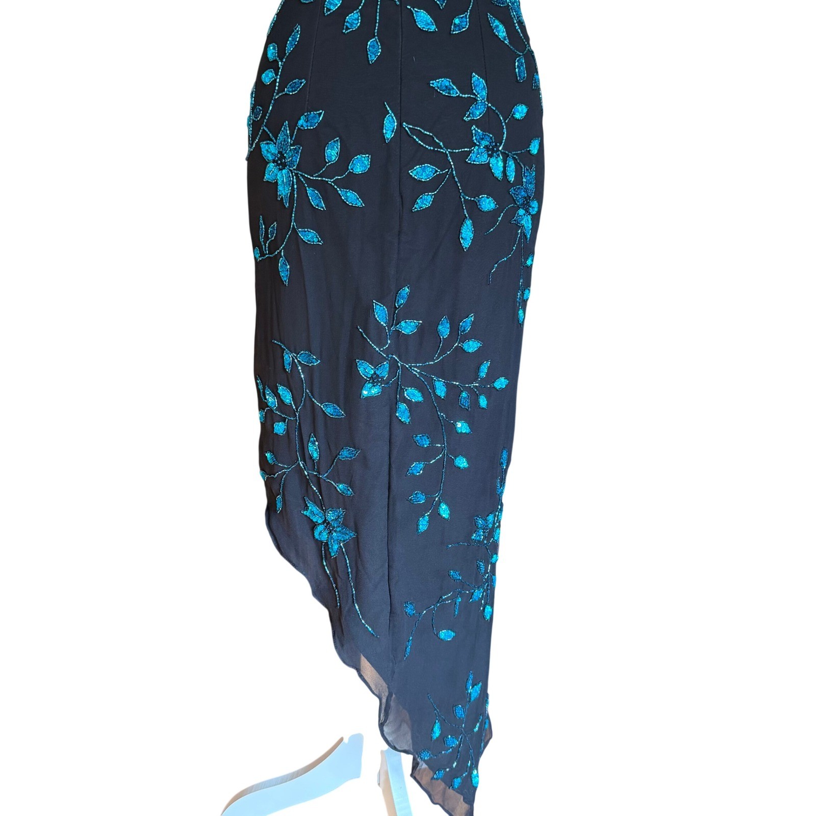 Cache Womens Silk Halter Maxi Black Teal Sequin Beaded Prom Fairy
