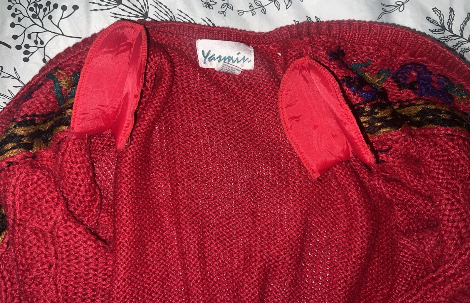 Vintage 80s Yasmin Fringe Ramie Cardigan Red Cable Knit Southwestern L