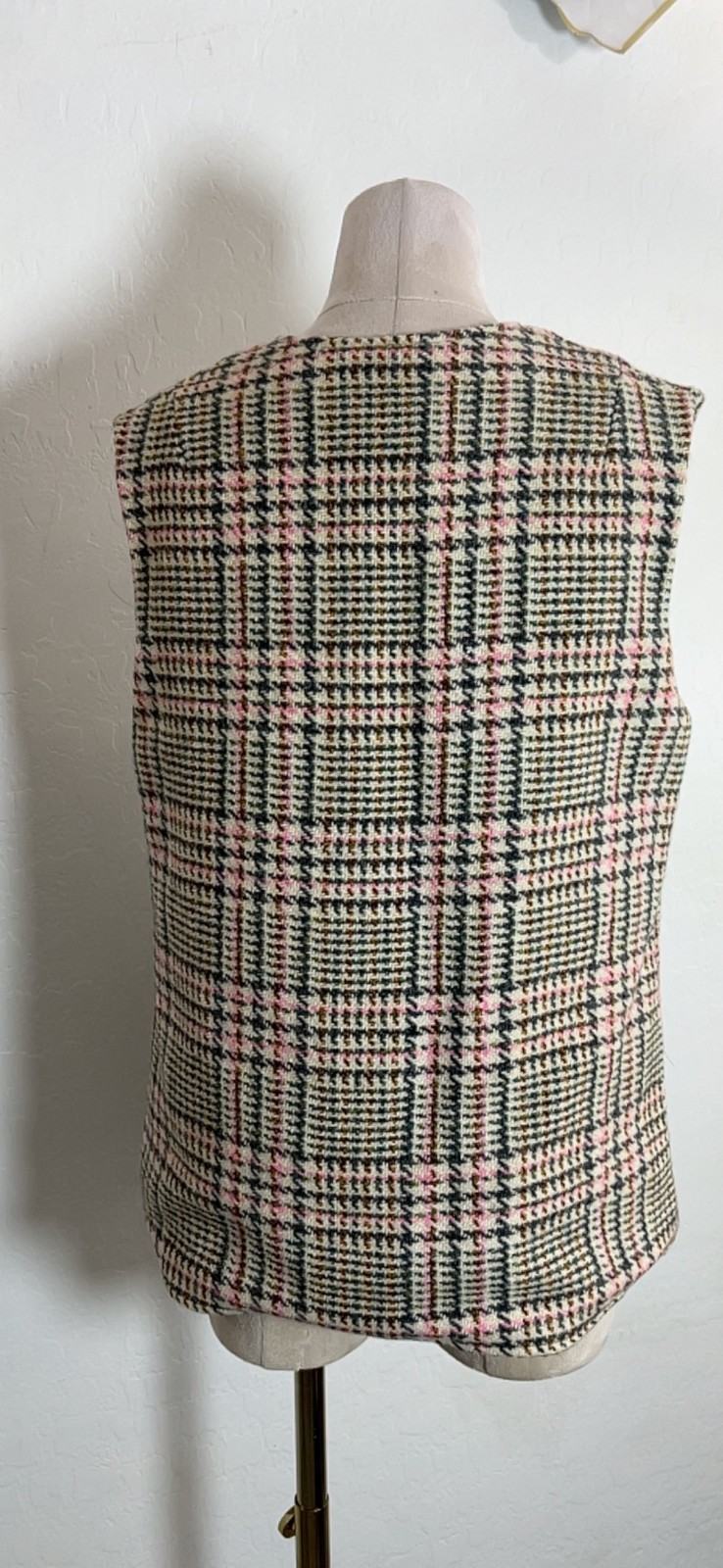 RUSS vtg wool houndstooth vest 12 preppy equestrian academia pink gray beige